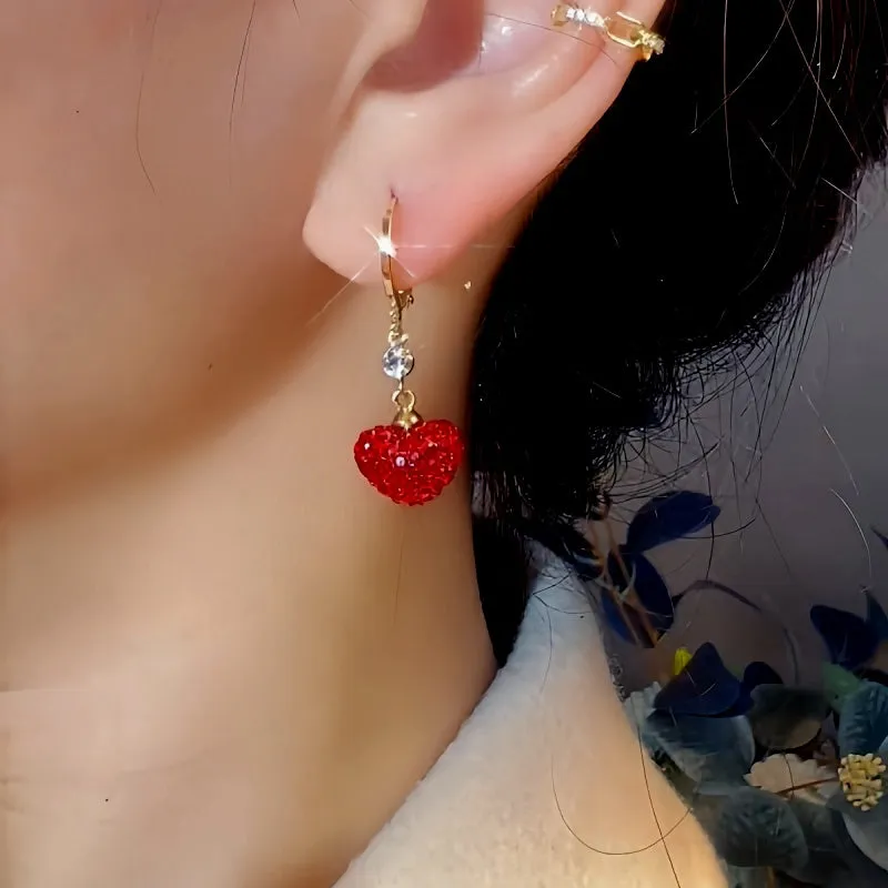14K Gold-Plated Exquisite Zircon Red Heart Earrings
