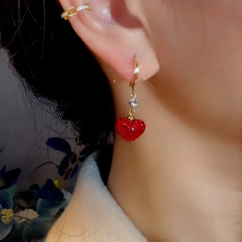 14K Gold-Plated Exquisite Zircon Red Heart Earrings