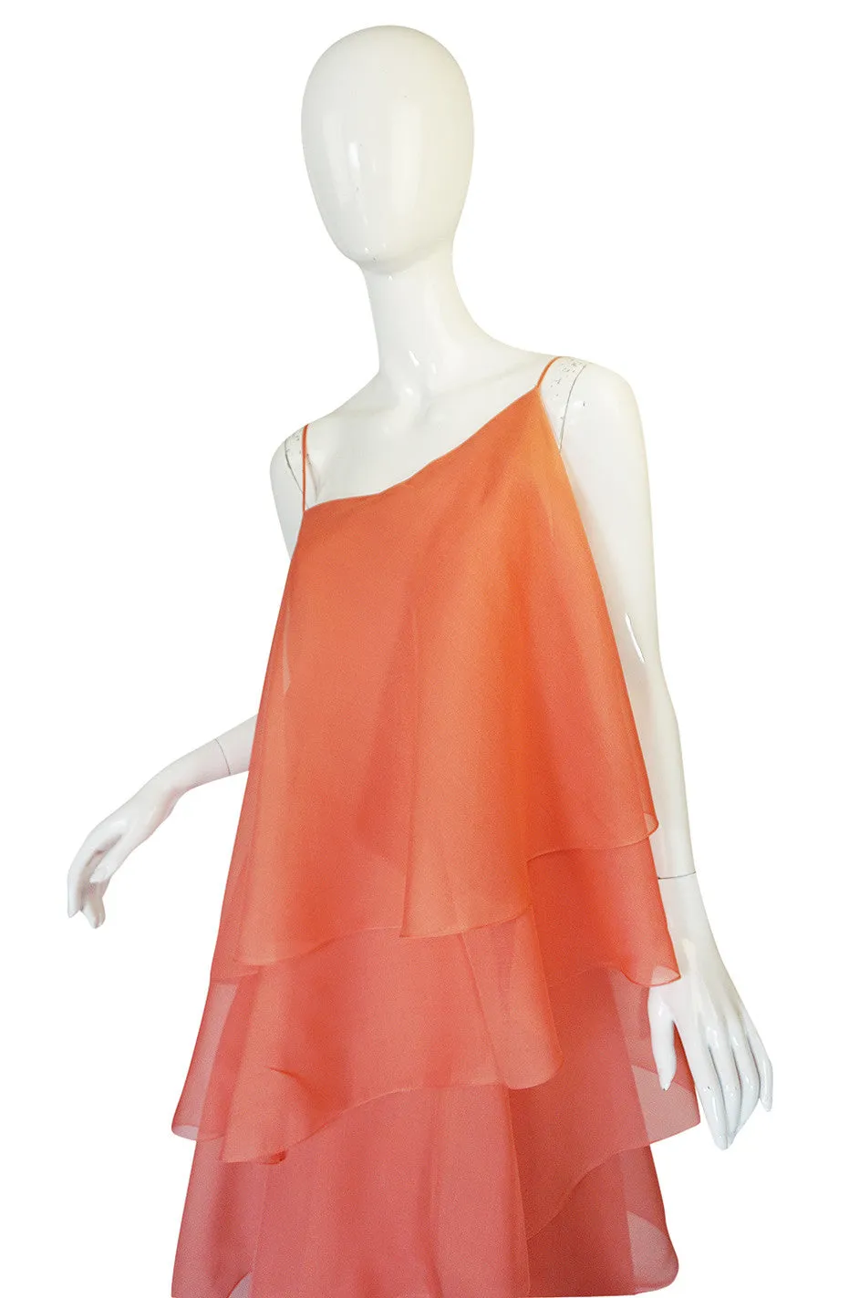 1980-82 Peach Silk Organza Ruffled Halston Spiral Gown