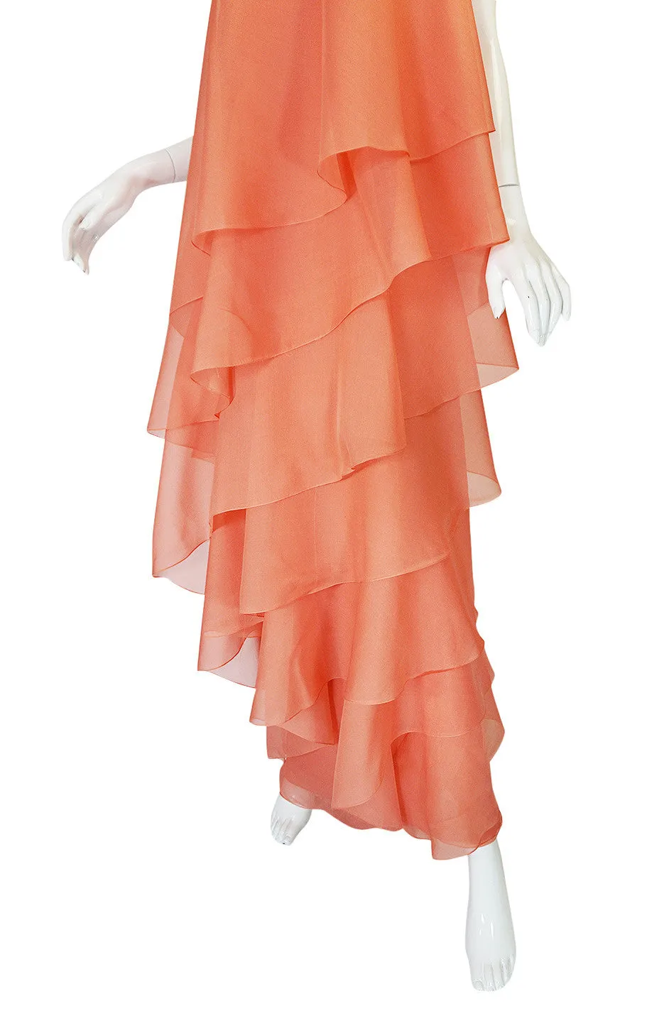 1980-82 Peach Silk Organza Ruffled Halston Spiral Gown