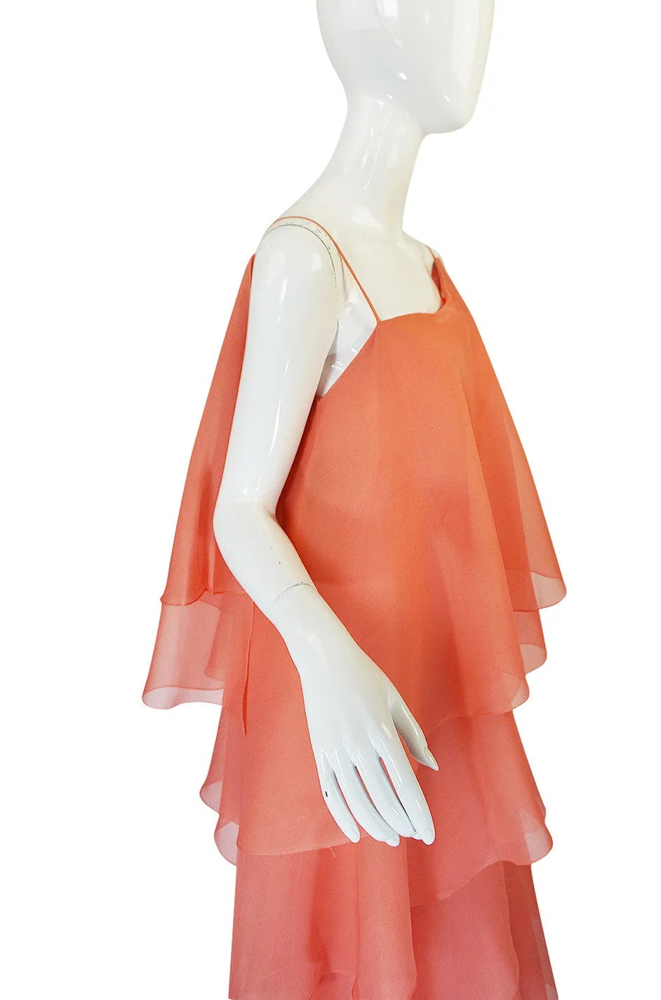 1980-82 Peach Silk Organza Ruffled Halston Spiral Gown