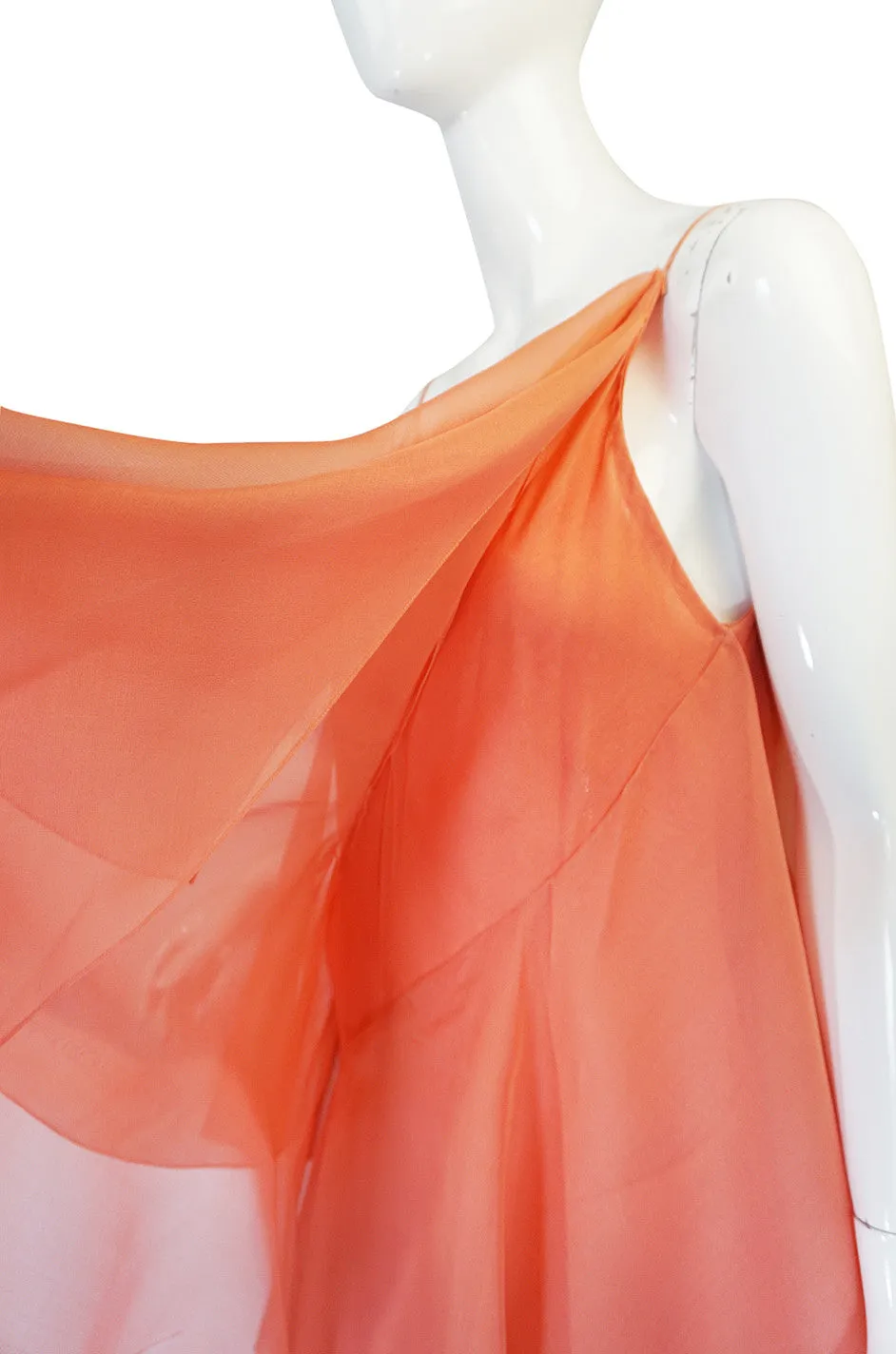 1980-82 Peach Silk Organza Ruffled Halston Spiral Gown