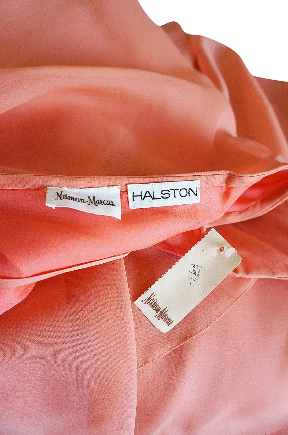 1980-82 Peach Silk Organza Ruffled Halston Spiral Gown