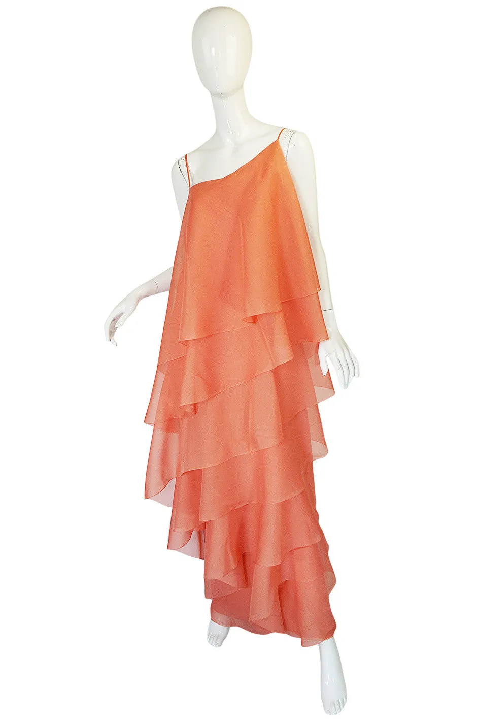 1980-82 Peach Silk Organza Ruffled Halston Spiral Gown