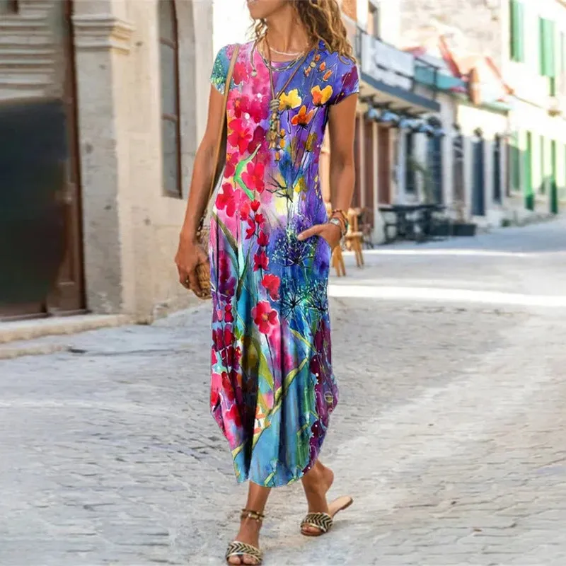 2022  Cross Border New  Independent Station Women's round Neck Pocket Short Sleeve Fashion Printing Dress