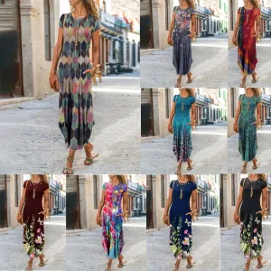 2022  Cross Border New  Independent Station Women's round Neck Pocket Short Sleeve Fashion Printing Dress