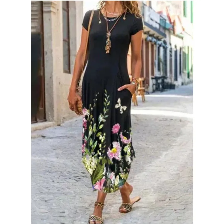 2022  Cross Border New  Independent Station Women's round Neck Pocket Short Sleeve Fashion Printing Dress