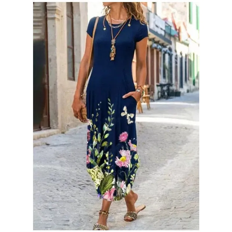 2022  Cross Border New  Independent Station Women's round Neck Pocket Short Sleeve Fashion Printing Dress