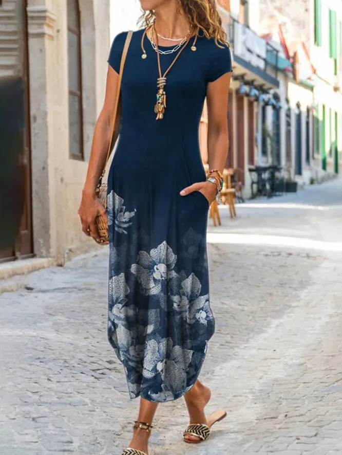 2022  Cross Border New  Independent Station Women's round Neck Pocket Short Sleeve Fashion Printing Dress