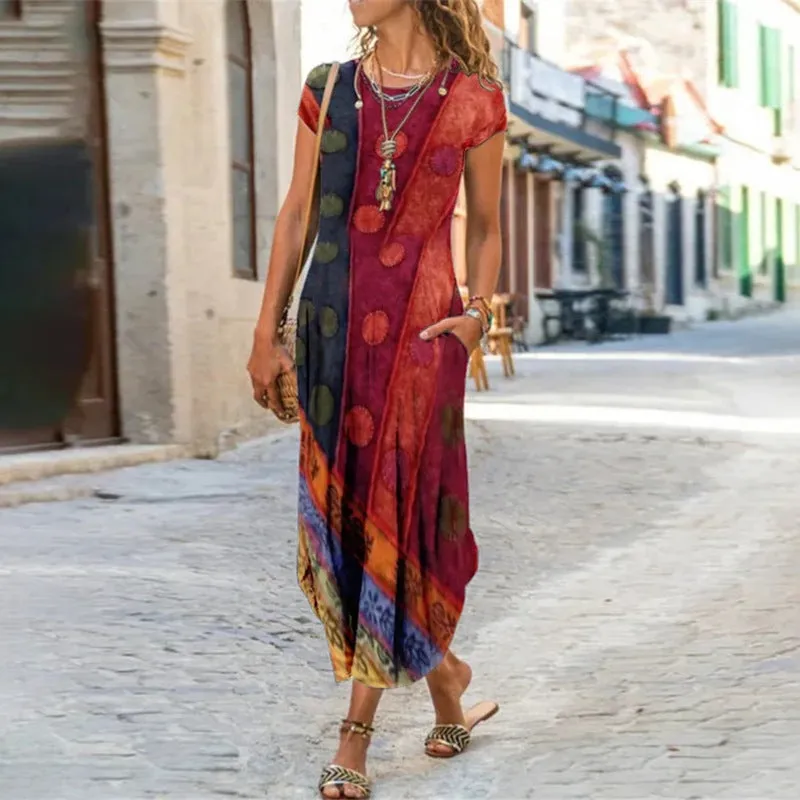 2022  Cross Border New  Independent Station Women's round Neck Pocket Short Sleeve Fashion Printing Dress