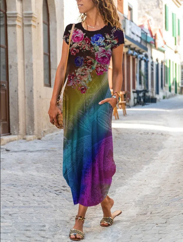 2022  Cross Border New  Independent Station Women's round Neck Pocket Short Sleeve Fashion Printing Dress