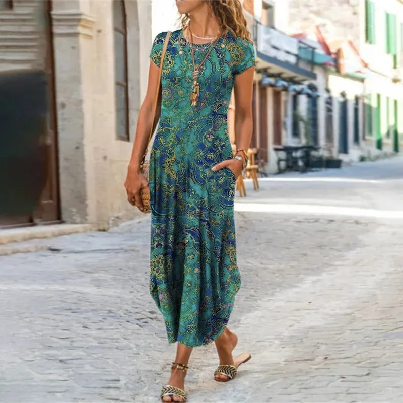 2022  Cross Border New  Independent Station Women's round Neck Pocket Short Sleeve Fashion Printing Dress