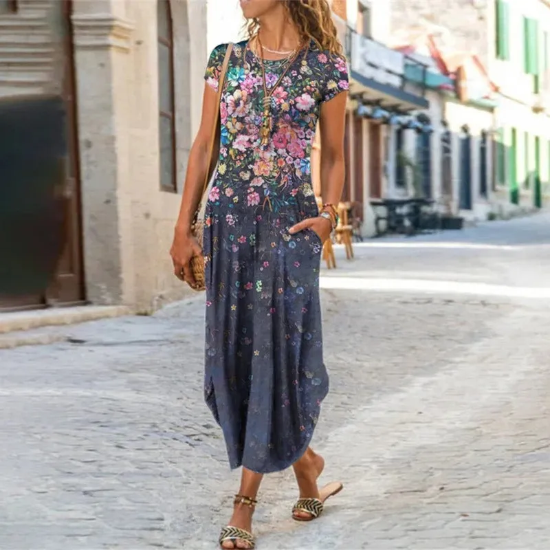 2022  Cross Border New  Independent Station Women's round Neck Pocket Short Sleeve Fashion Printing Dress
