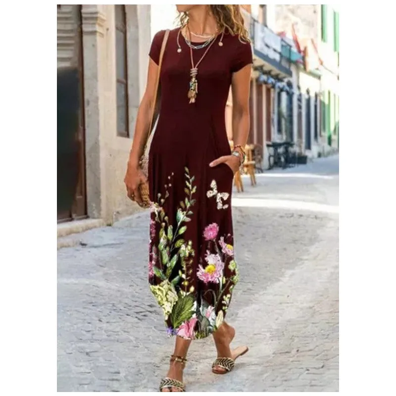 2022  Cross Border New  Independent Station Women's round Neck Pocket Short Sleeve Fashion Printing Dress