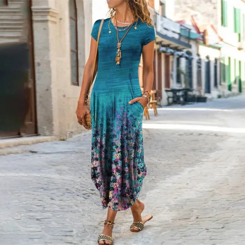 2022  Cross Border New  Independent Station Women's round Neck Pocket Short Sleeve Fashion Printing Dress