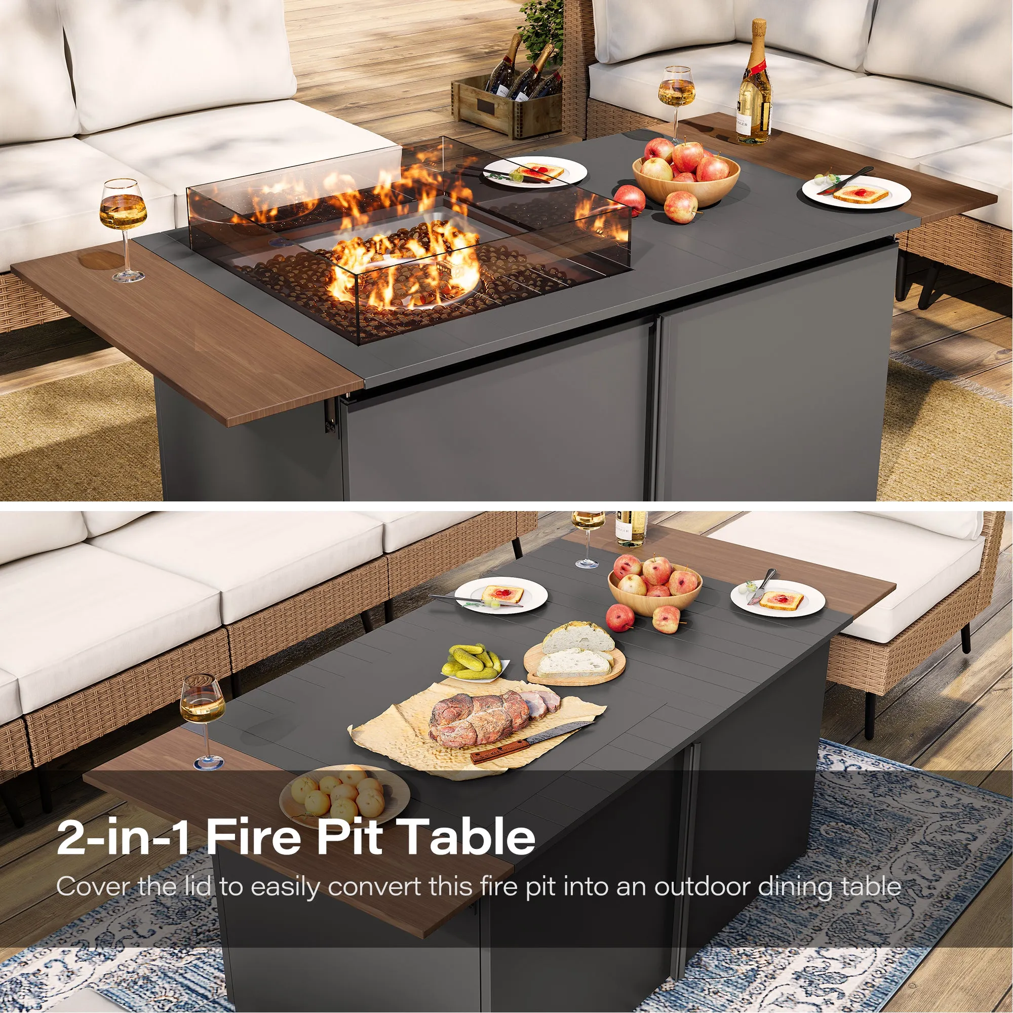 64" Gas Fire Pit Table with expandable Tabletop, 55,000 BTU