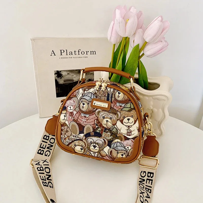 Adorable Bear Print Round Crossbody Bag