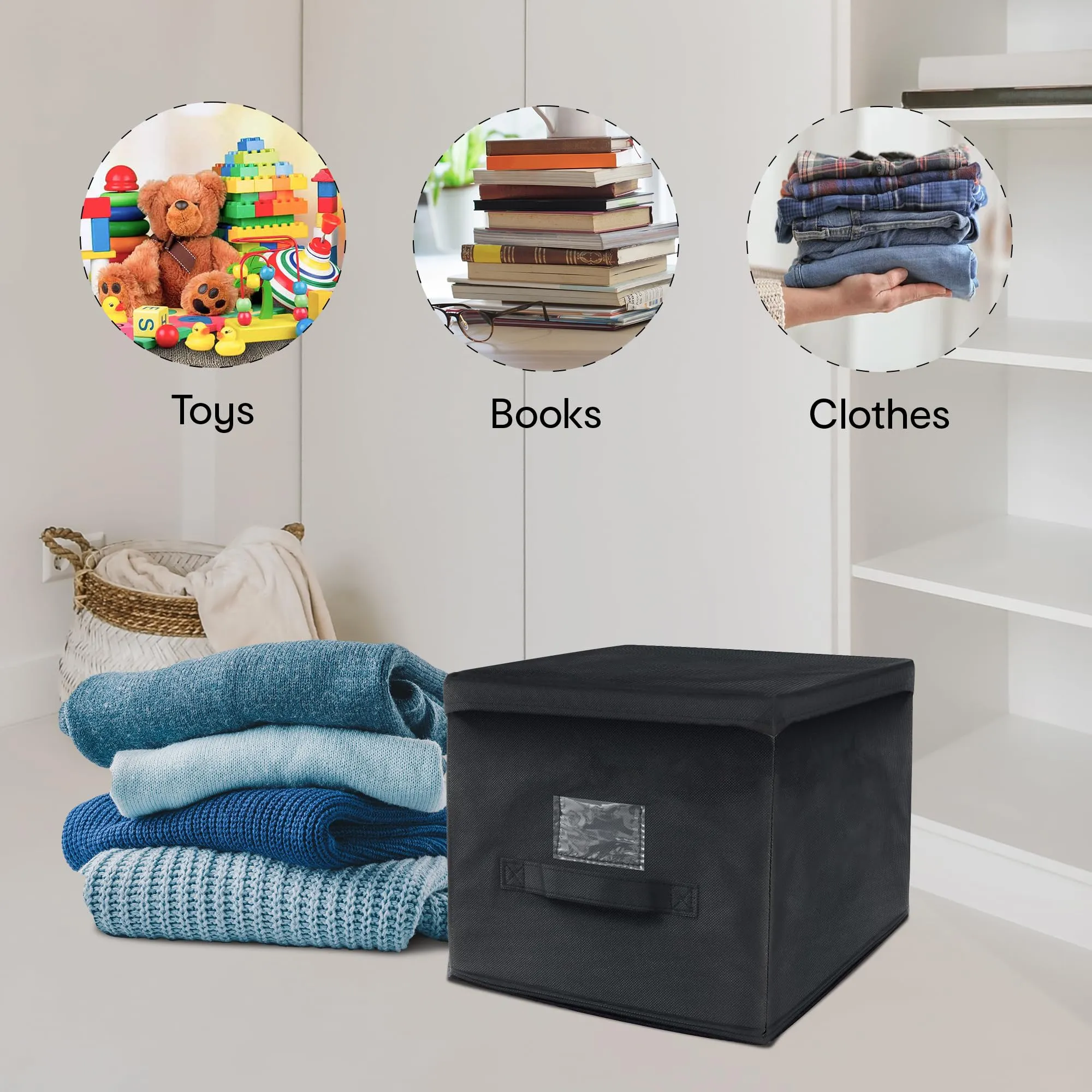Anko Non-Woven Felt Fabric Collapsible Drawer organisers | Set of 4 | Foldable Storage Box for Clothes, Accessories, Makeup (Black And White)