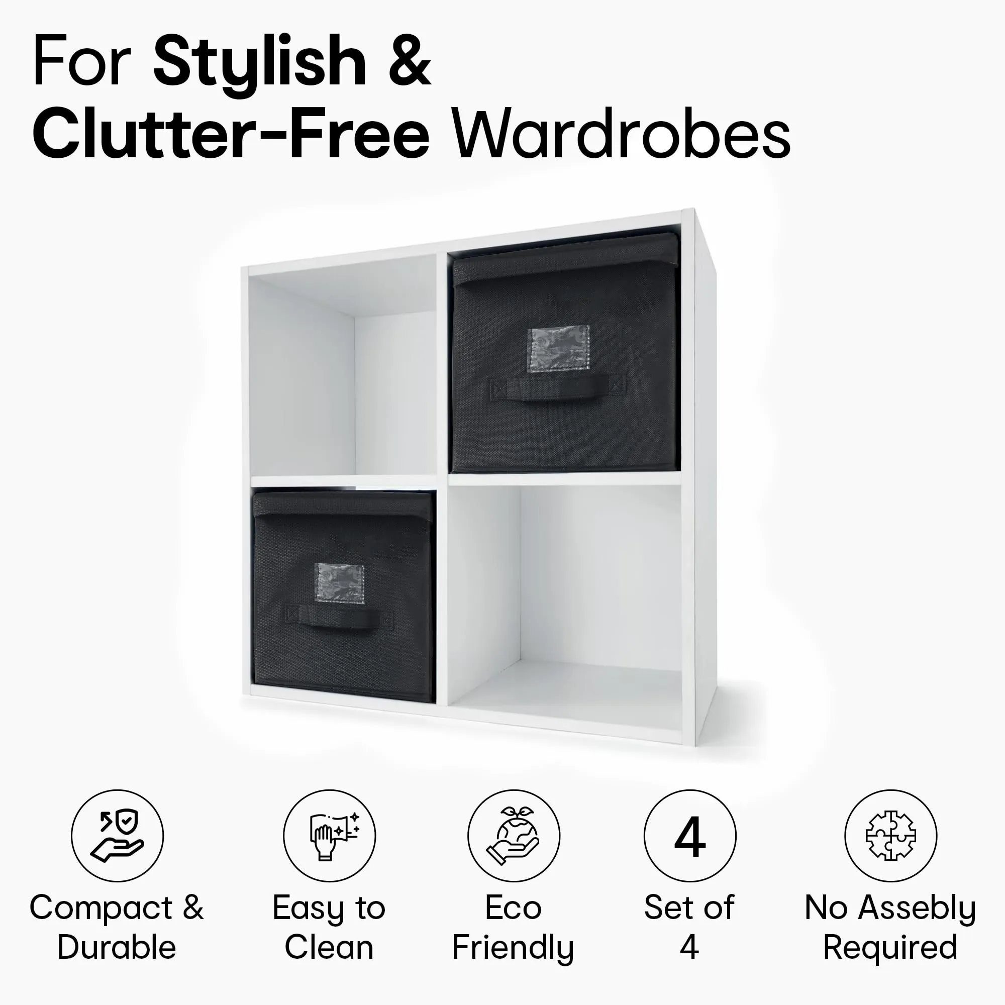 Anko Non-Woven Felt Fabric Collapsible Drawer organisers | Set of 4 | Foldable Storage Box for Clothes, Accessories, Makeup (Black And White)
