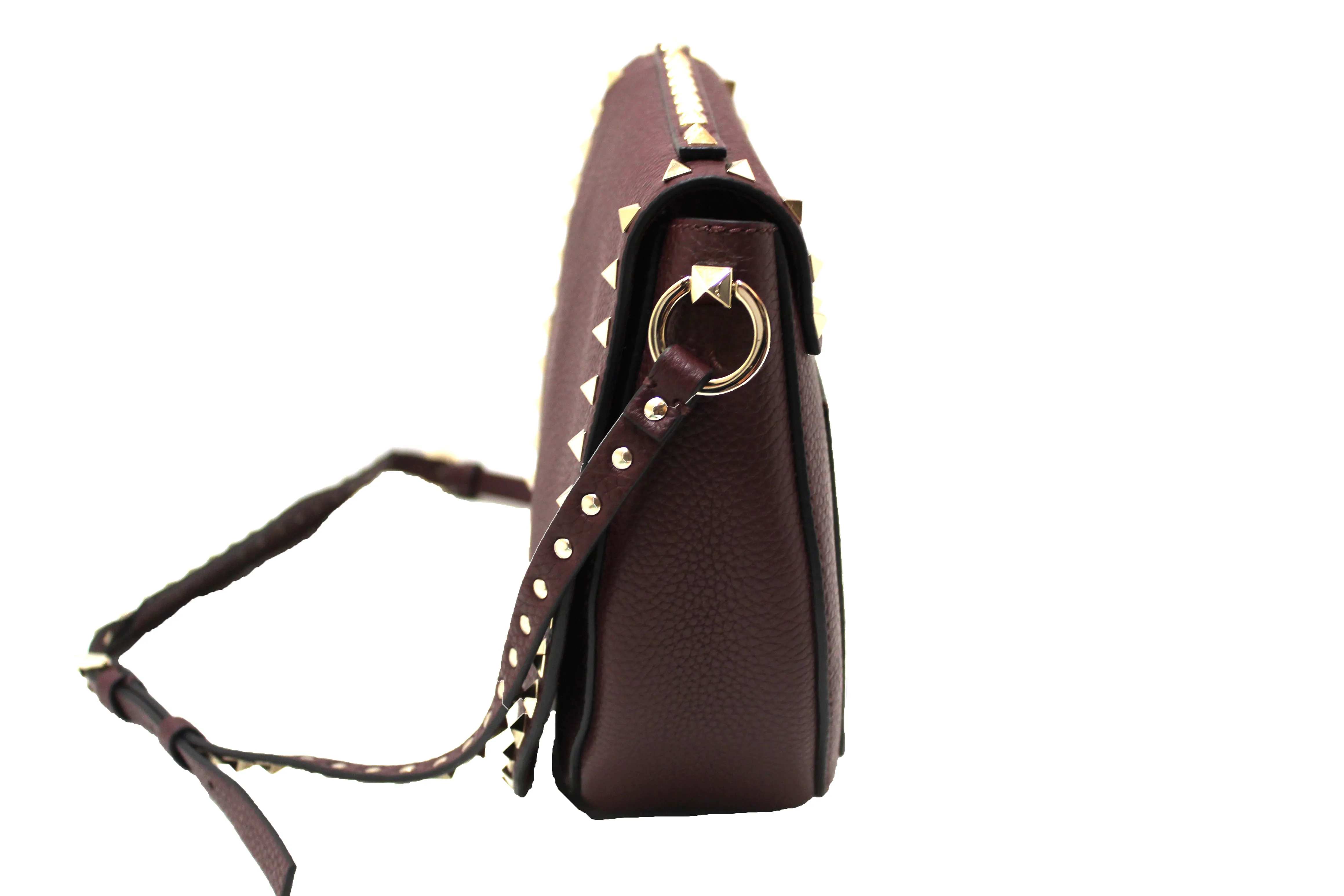Authentic NEW Valentino Garavani Burgundy Pebbled Calfskin Rockstud Haftmoon Saddle Bag