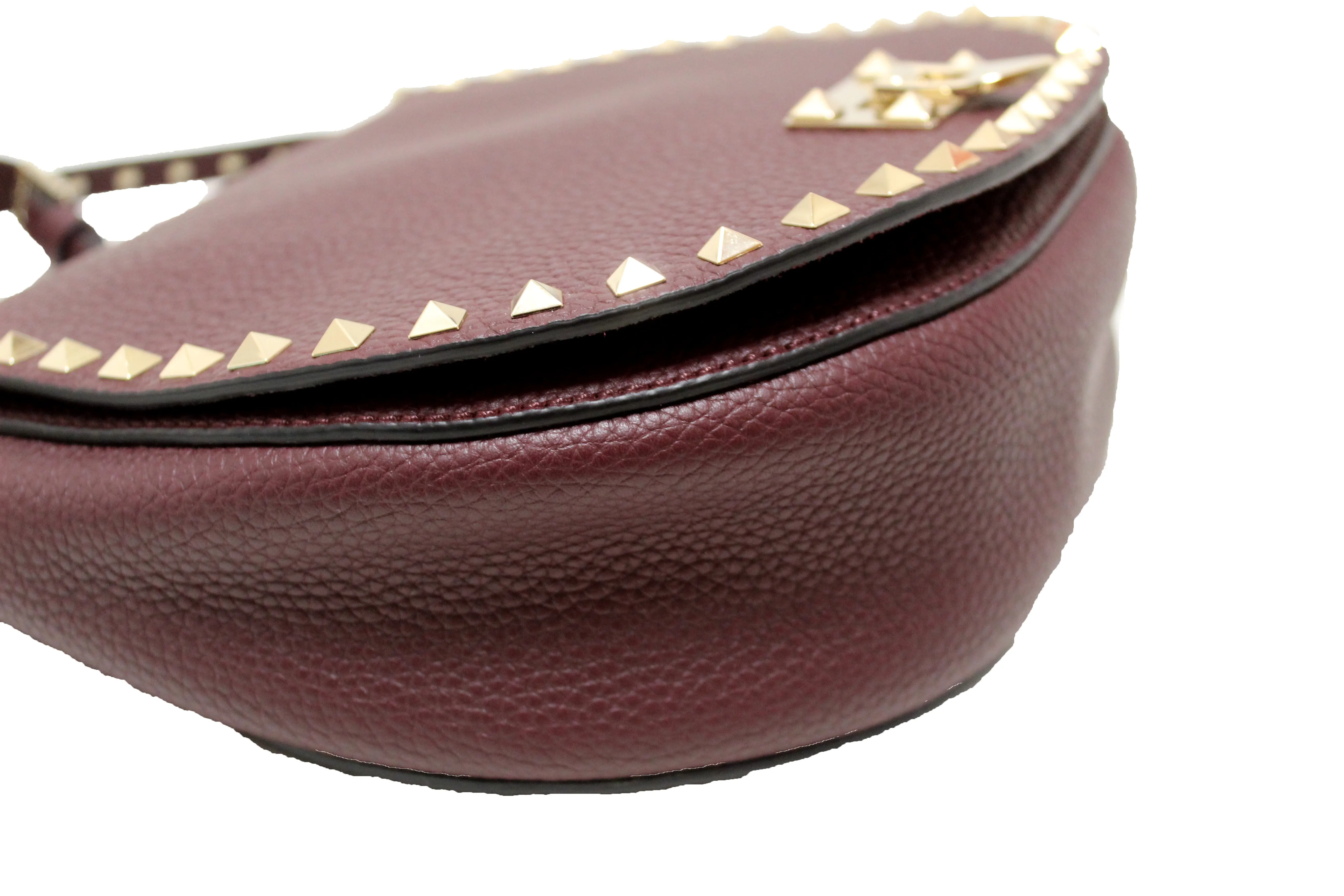 Authentic NEW Valentino Garavani Burgundy Pebbled Calfskin Rockstud Haftmoon Saddle Bag