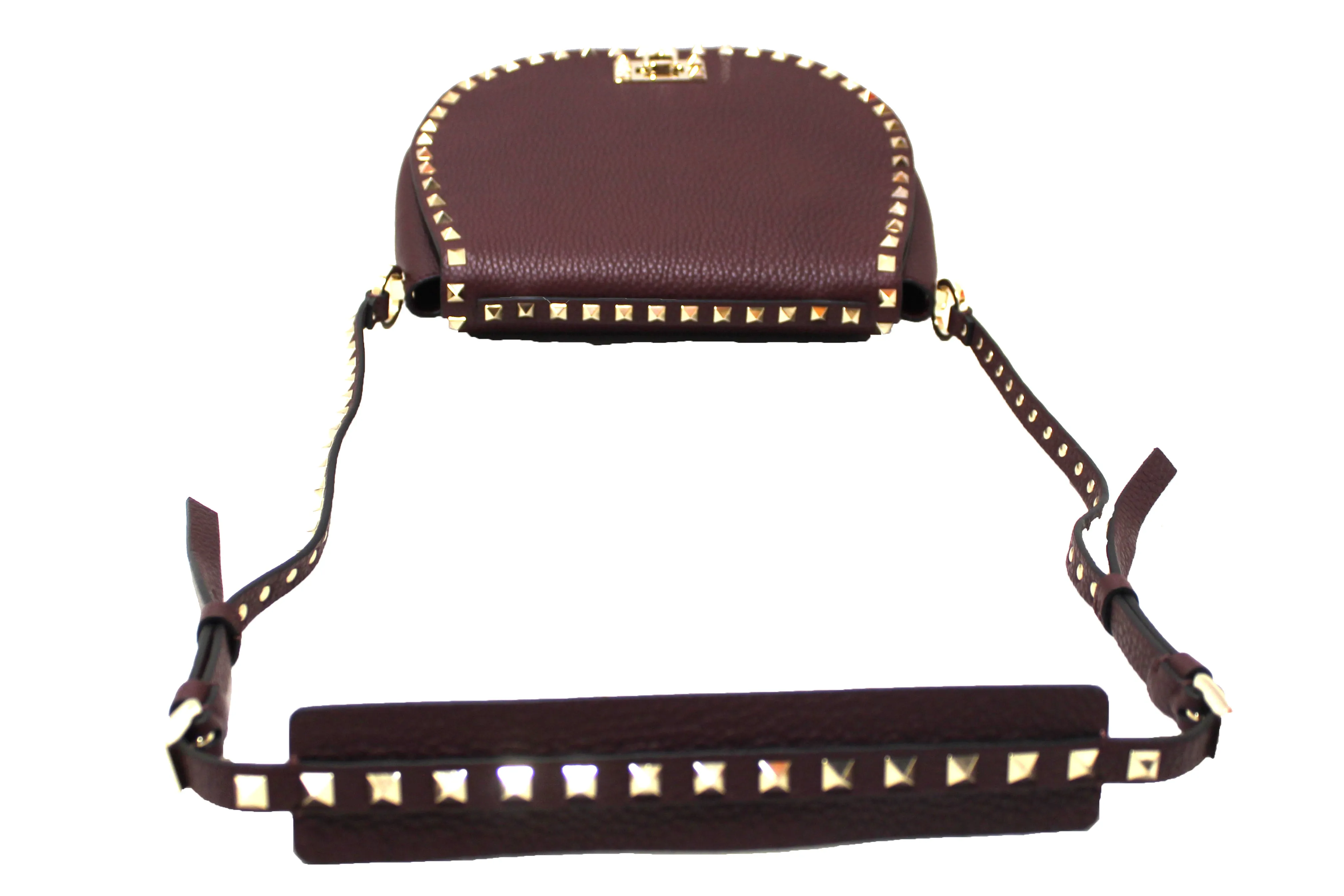 Authentic NEW Valentino Garavani Burgundy Pebbled Calfskin Rockstud Haftmoon Saddle Bag