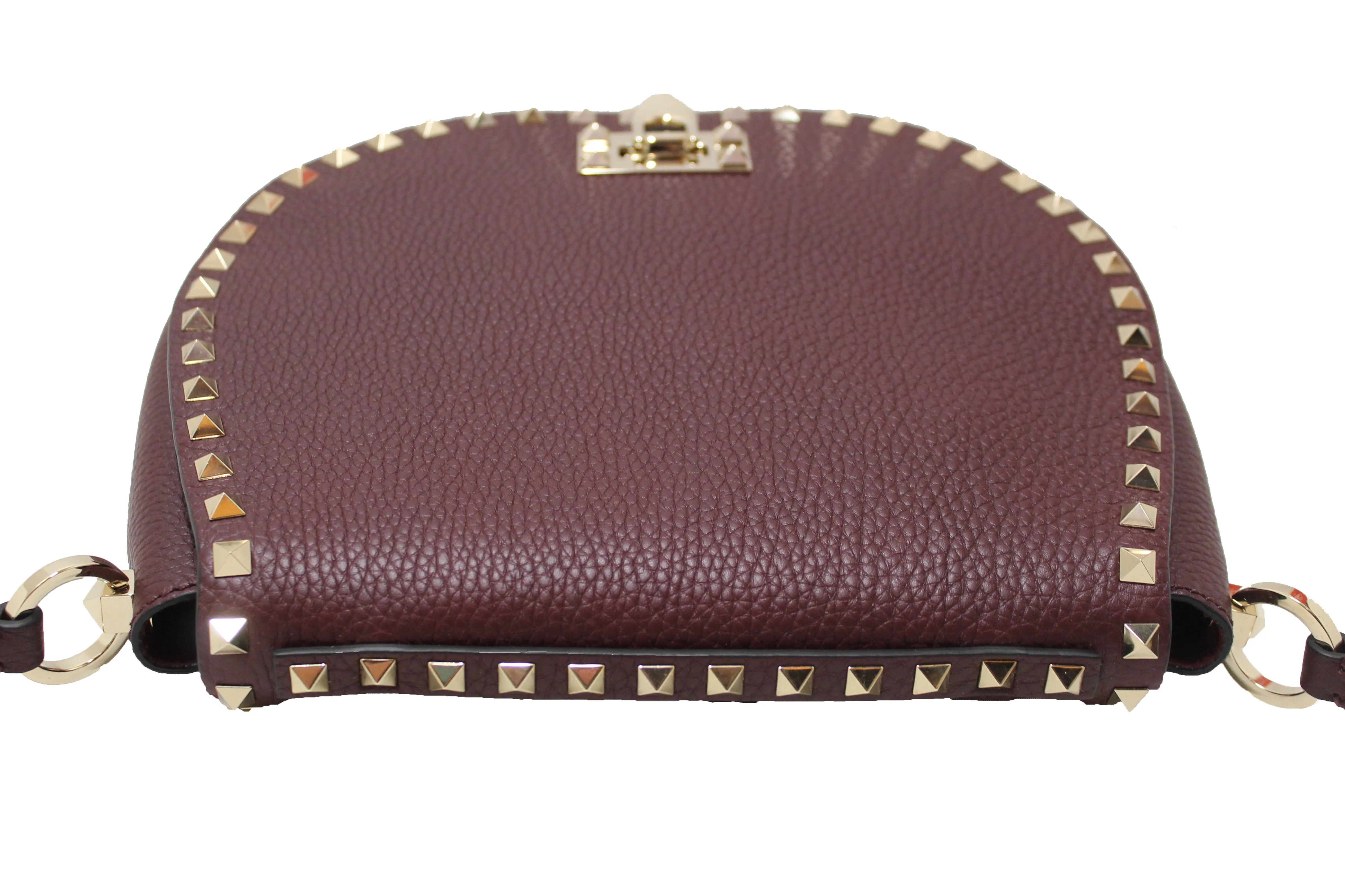 Authentic NEW Valentino Garavani Burgundy Pebbled Calfskin Rockstud Haftmoon Saddle Bag