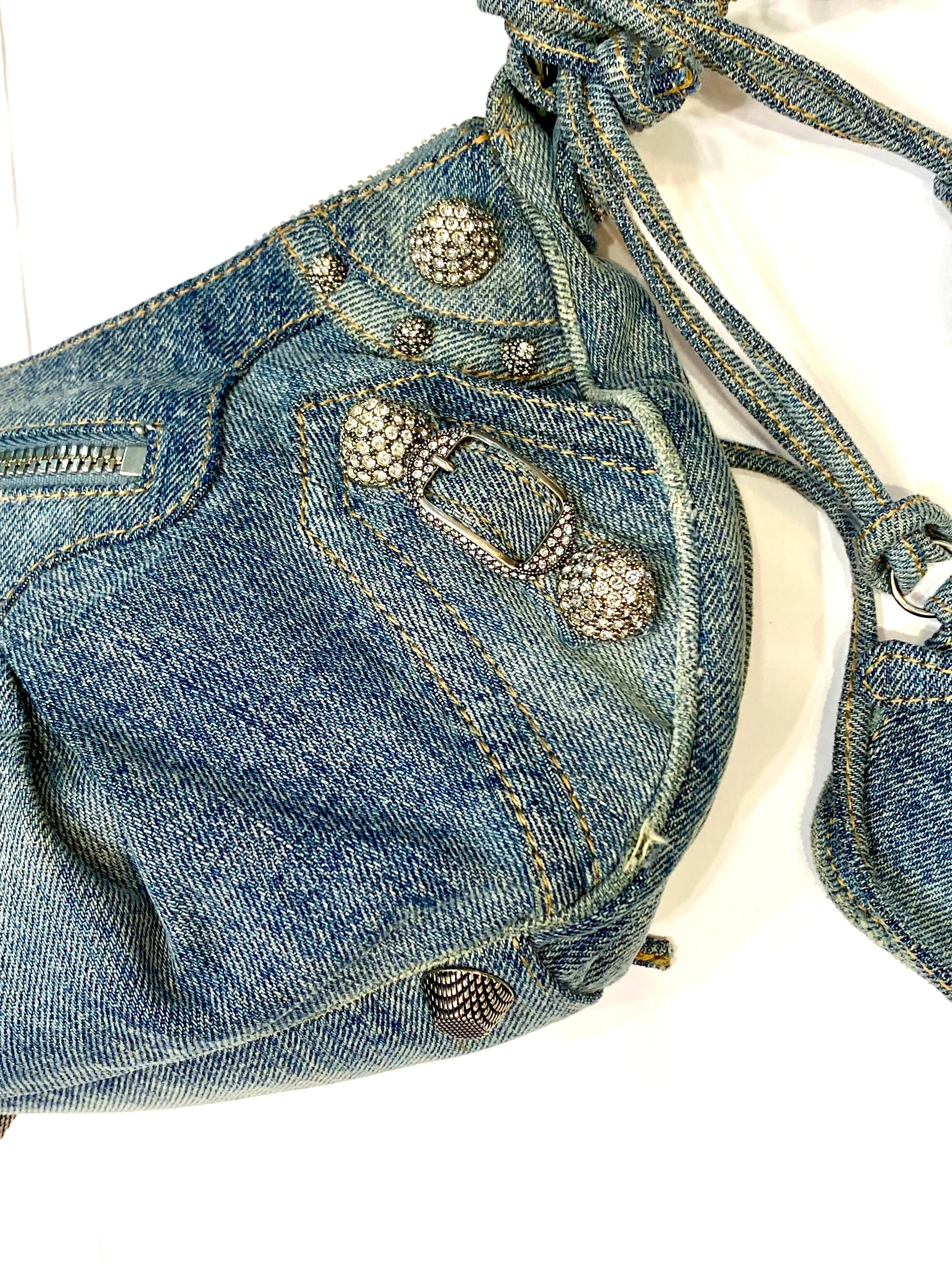 BALENCIAGA LE CAGOLE SMALL DENIM CRYSTAL SHOULDER BAG