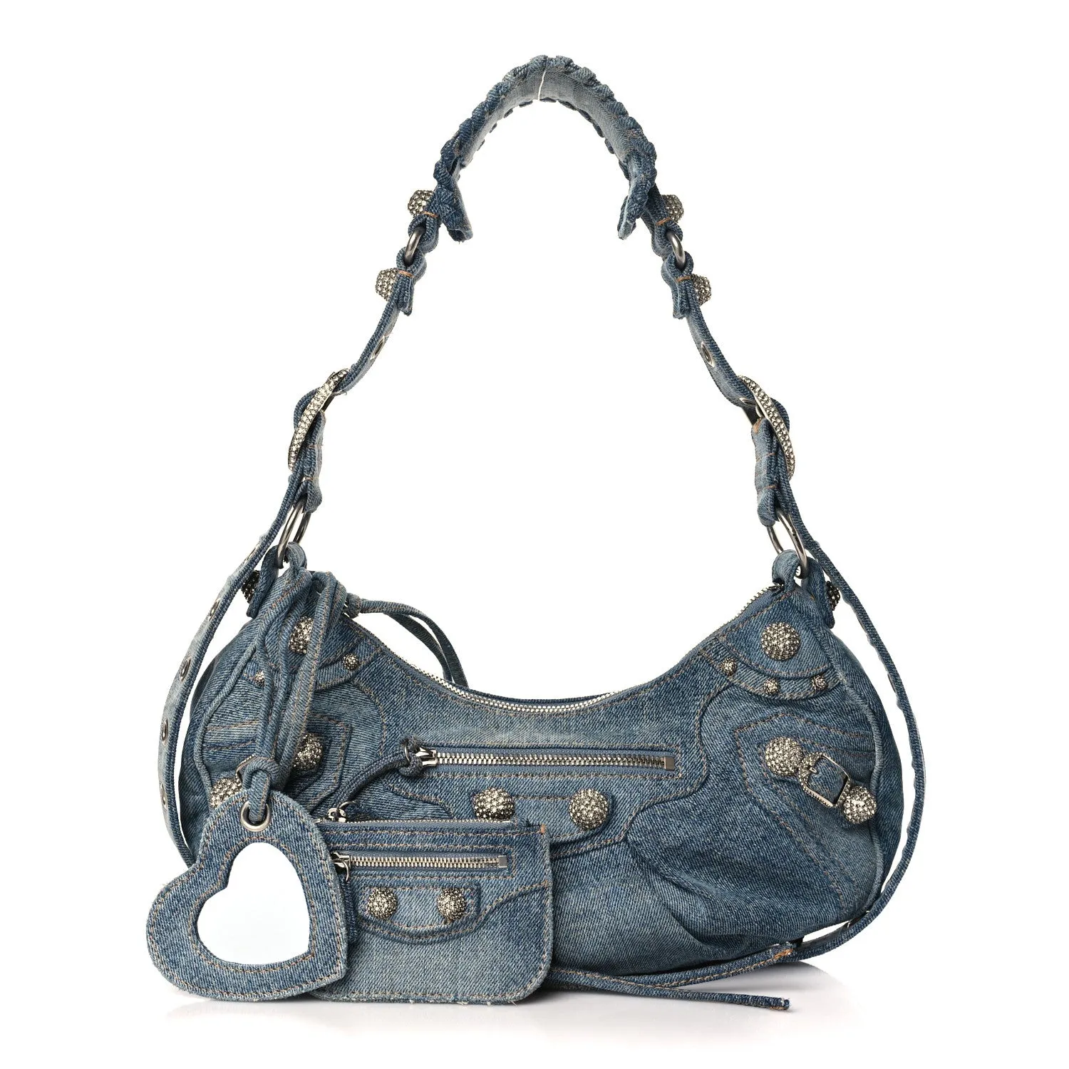 BALENCIAGA LE CAGOLE SMALL DENIM CRYSTAL SHOULDER BAG