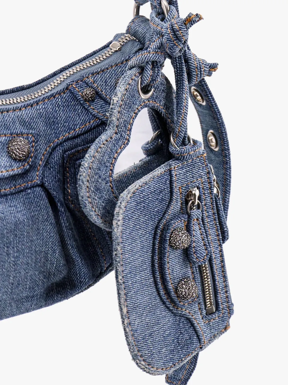BALENCIAGA LE CAGOLE SMALL DENIM CRYSTAL SHOULDER BAG