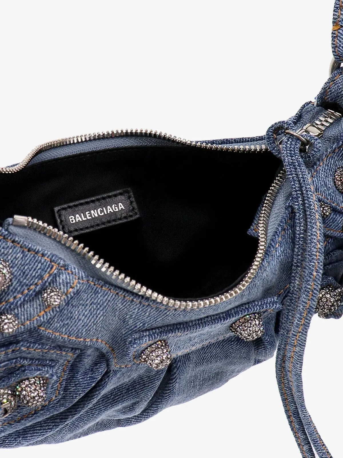 BALENCIAGA LE CAGOLE SMALL DENIM CRYSTAL SHOULDER BAG