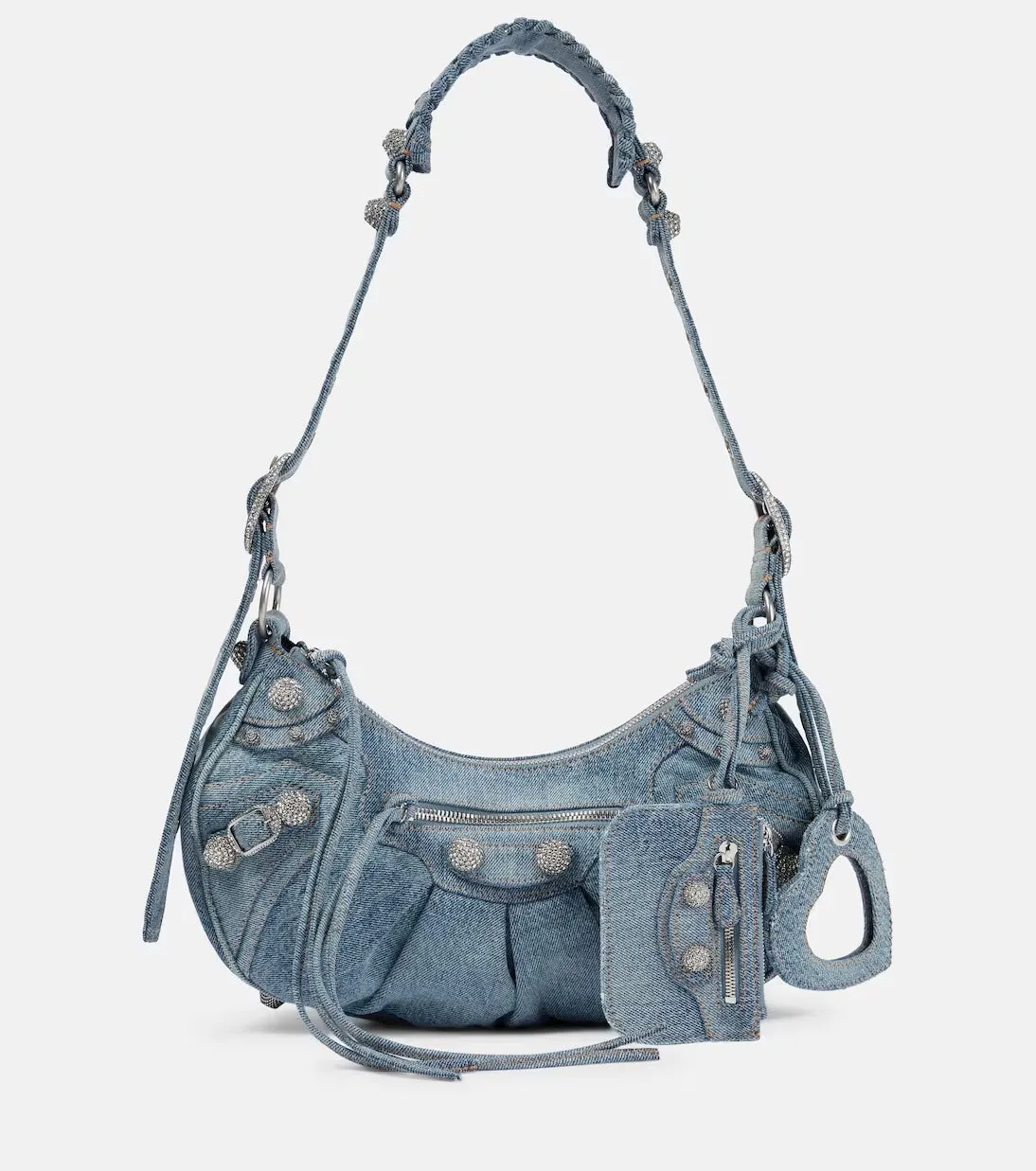 BALENCIAGA LE CAGOLE SMALL DENIM CRYSTAL SHOULDER BAG