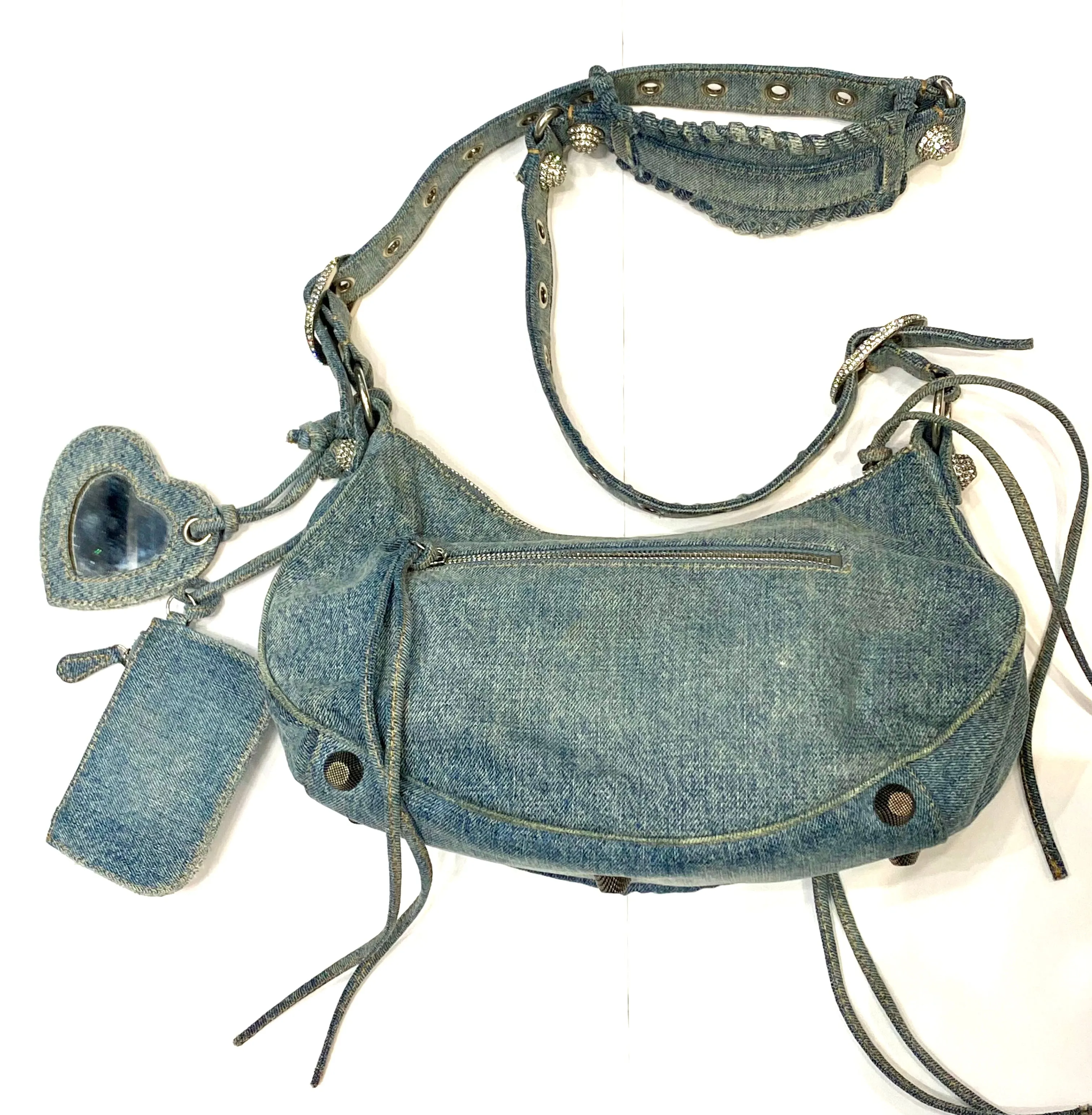 BALENCIAGA LE CAGOLE SMALL DENIM CRYSTAL SHOULDER BAG
