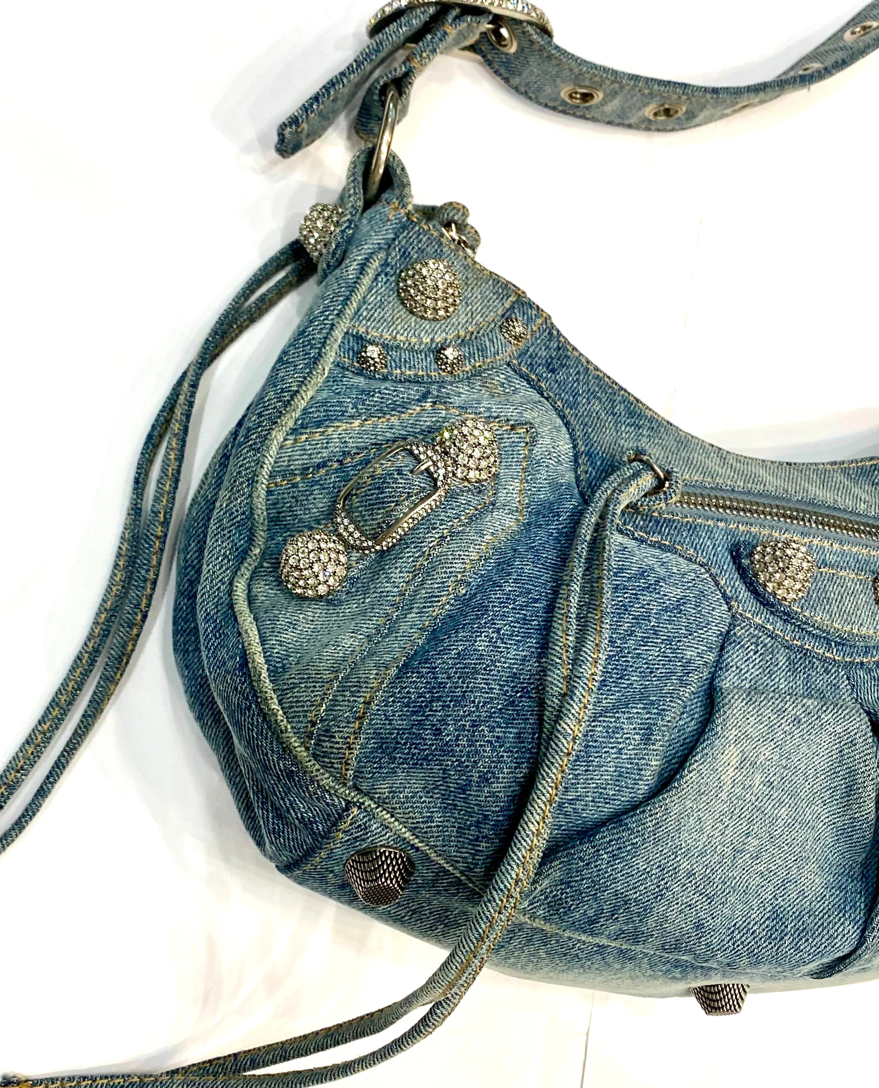 BALENCIAGA LE CAGOLE SMALL DENIM CRYSTAL SHOULDER BAG