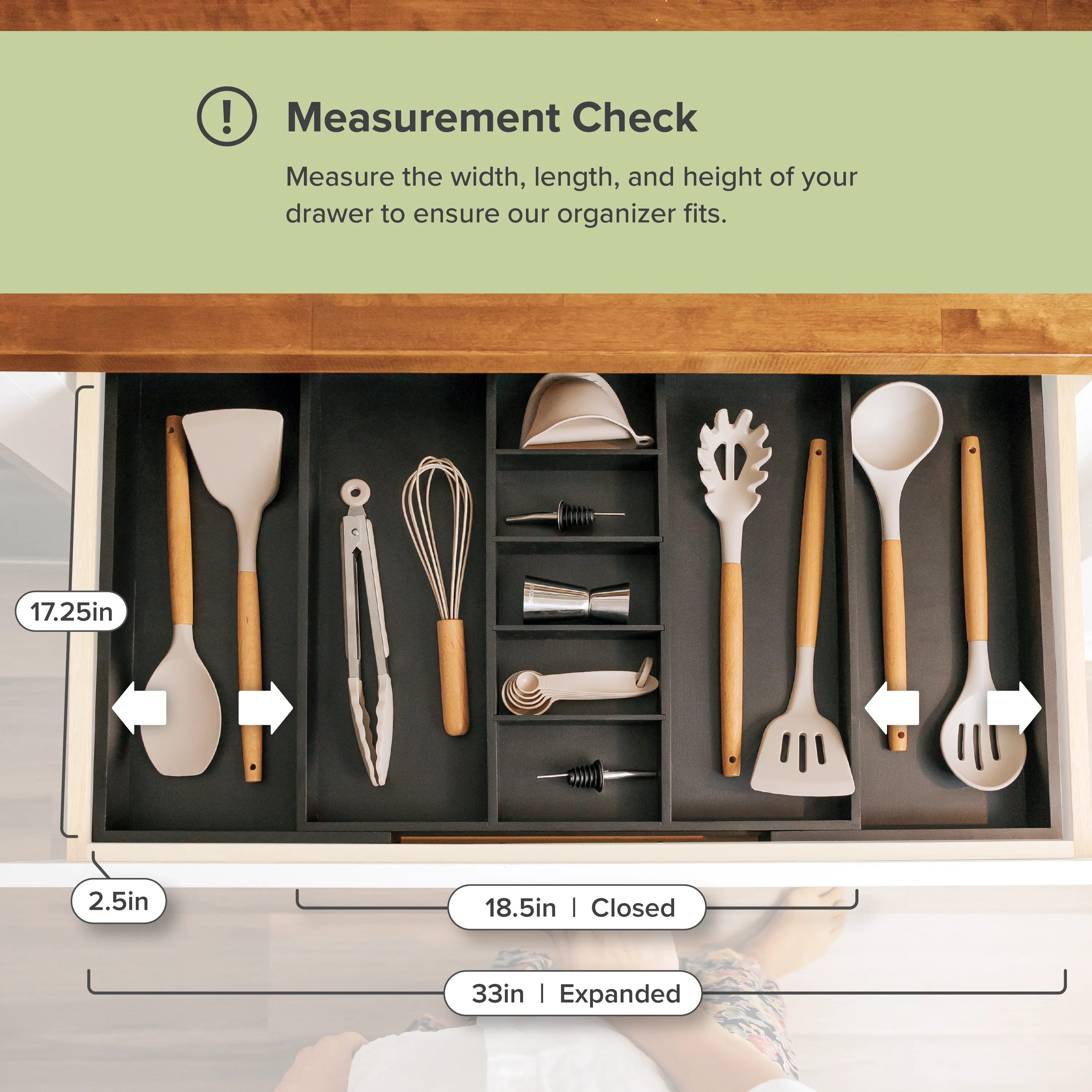 Bamboo Utensils & Junk Drawer Organizer - Black Finish (Expands 18.5-33in)