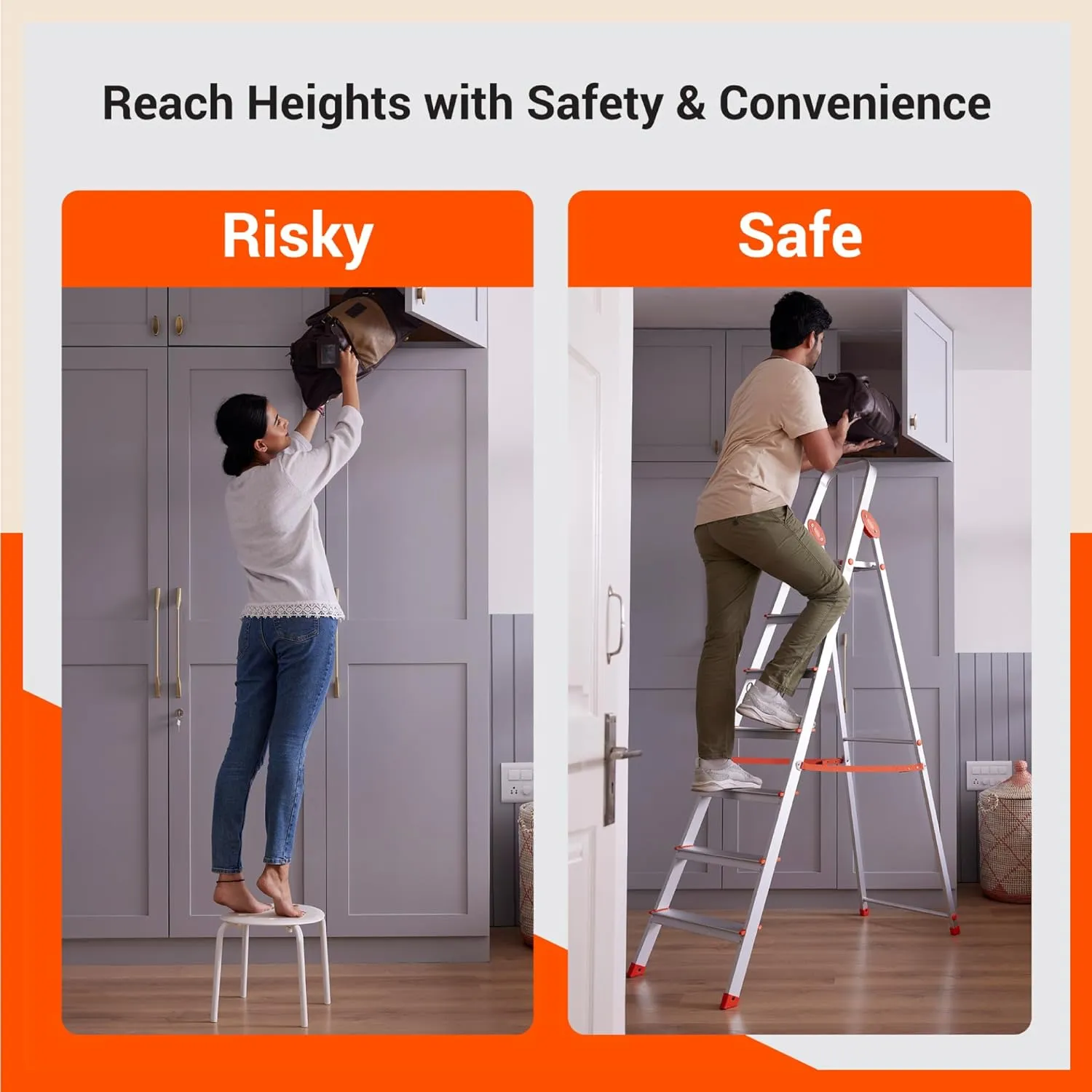 Bathla Advance 3-Step Foldable Aluminium Ladder For Home (Orange)