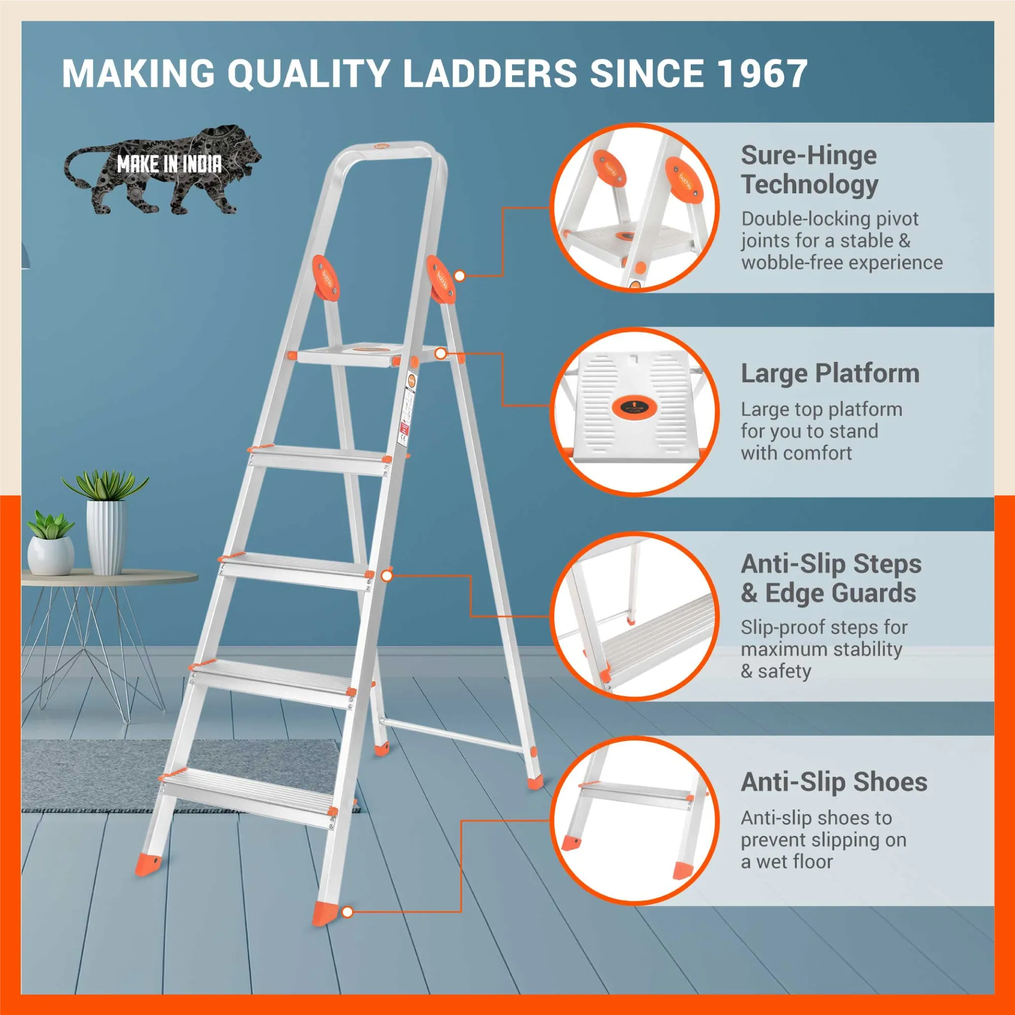Bathla Advance 5-Step Foldable Aluminium Ladder For Home (Orange)