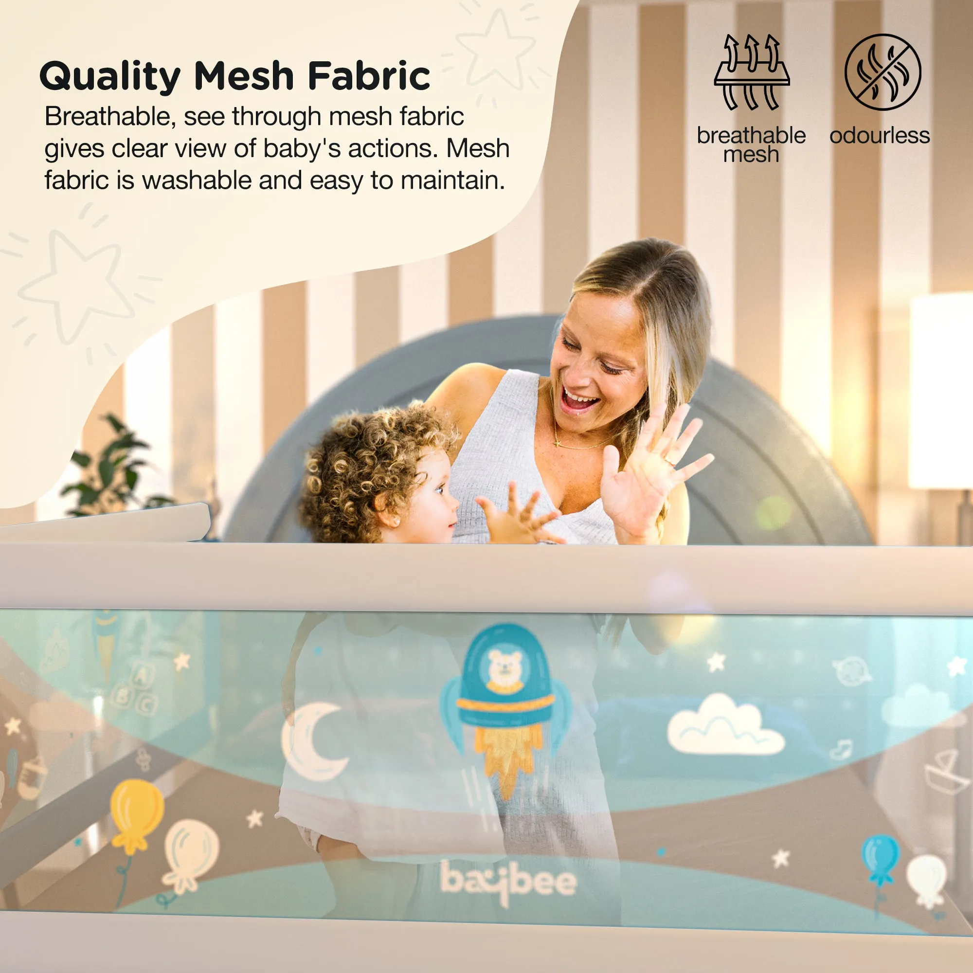 BAYBEE Bed Rail Guard Barrier for Baby Portable Safety Foldable Height Adjustable Falling Protector Fence (Print may varry) - 150 x 63 cm
