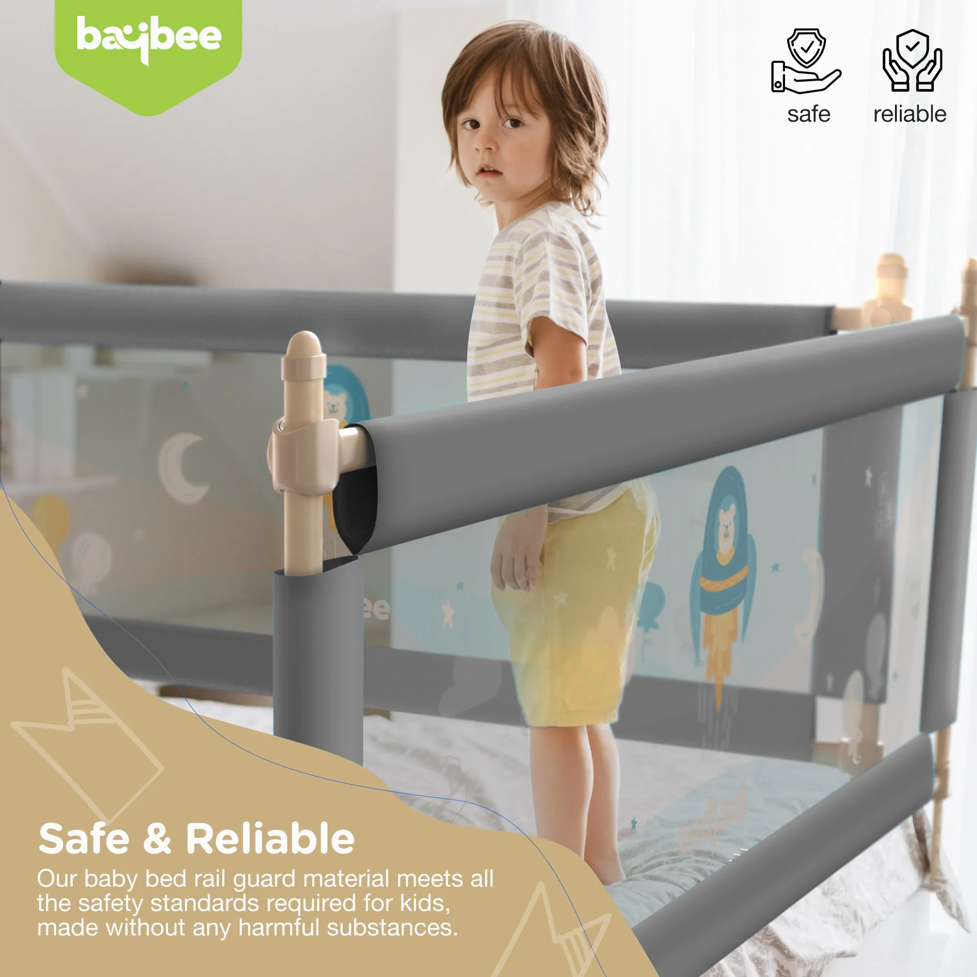 BAYBEE Bed Rail Guard Barrier for Baby Portable Safety Foldable Height Adjustable Falling Protector Fence (Print may varry) - 150 x 63 cm