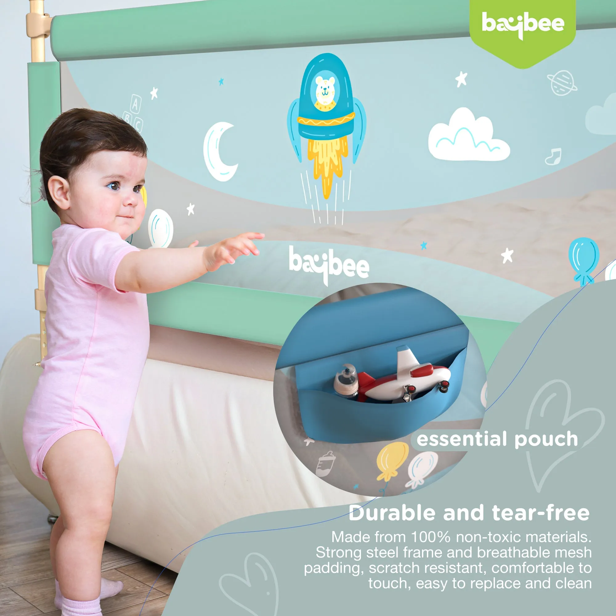 BAYBEE Bed Rail Guard Barrier for Baby Portable Safety Foldable Height Adjustable Falling Protector Fence (Print may varry) - 150 x 63 cm
