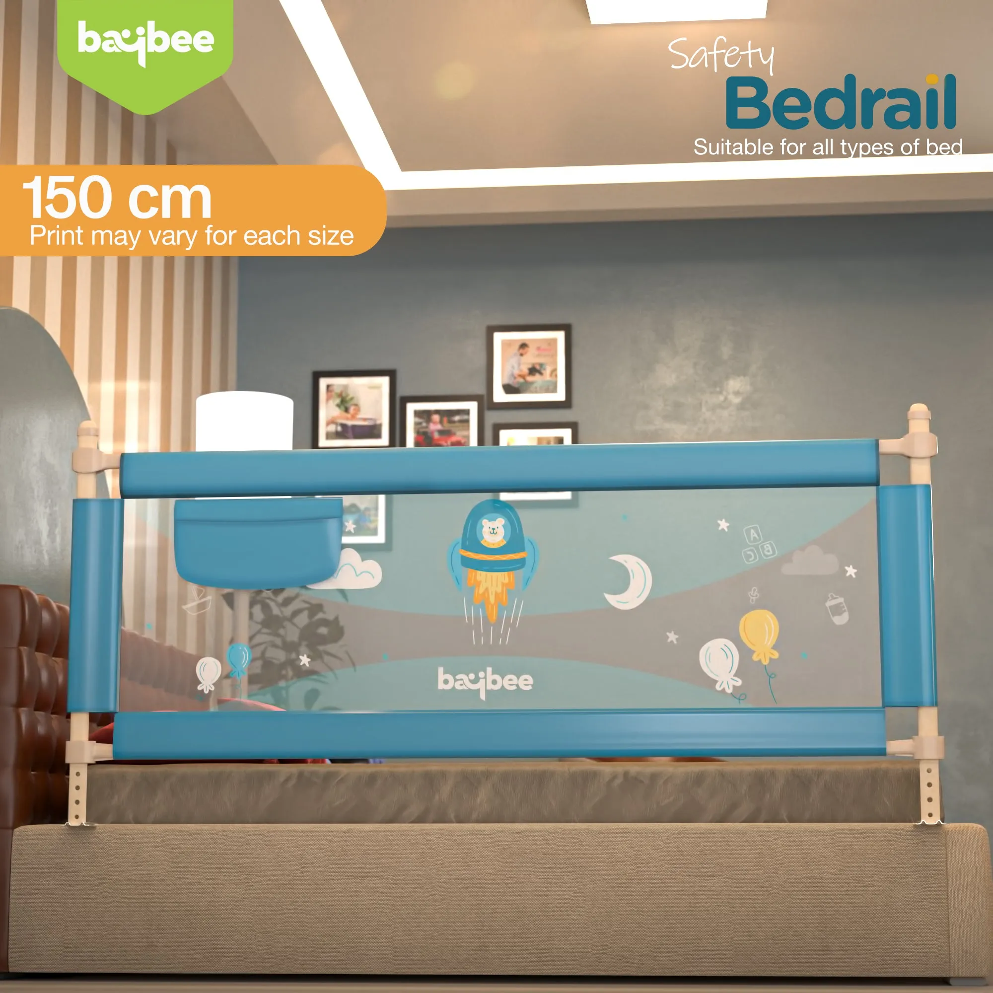 BAYBEE Bed Rail Guard Barrier for Baby Portable Safety Foldable Height Adjustable Falling Protector Fence (Print may varry) - 150 x 63 cm