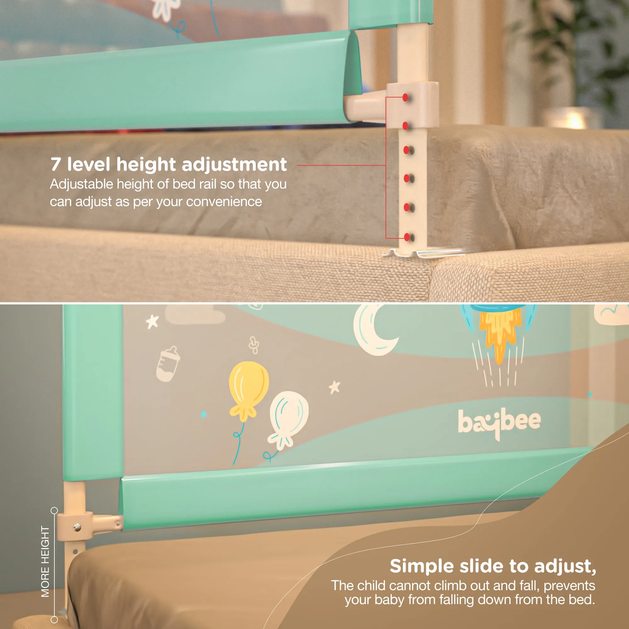 BAYBEE Bed Rail Guard Barrier for Baby Portable Safety Foldable Height Adjustable Falling Protector Fence (Print may varry) - 150 x 63 cm