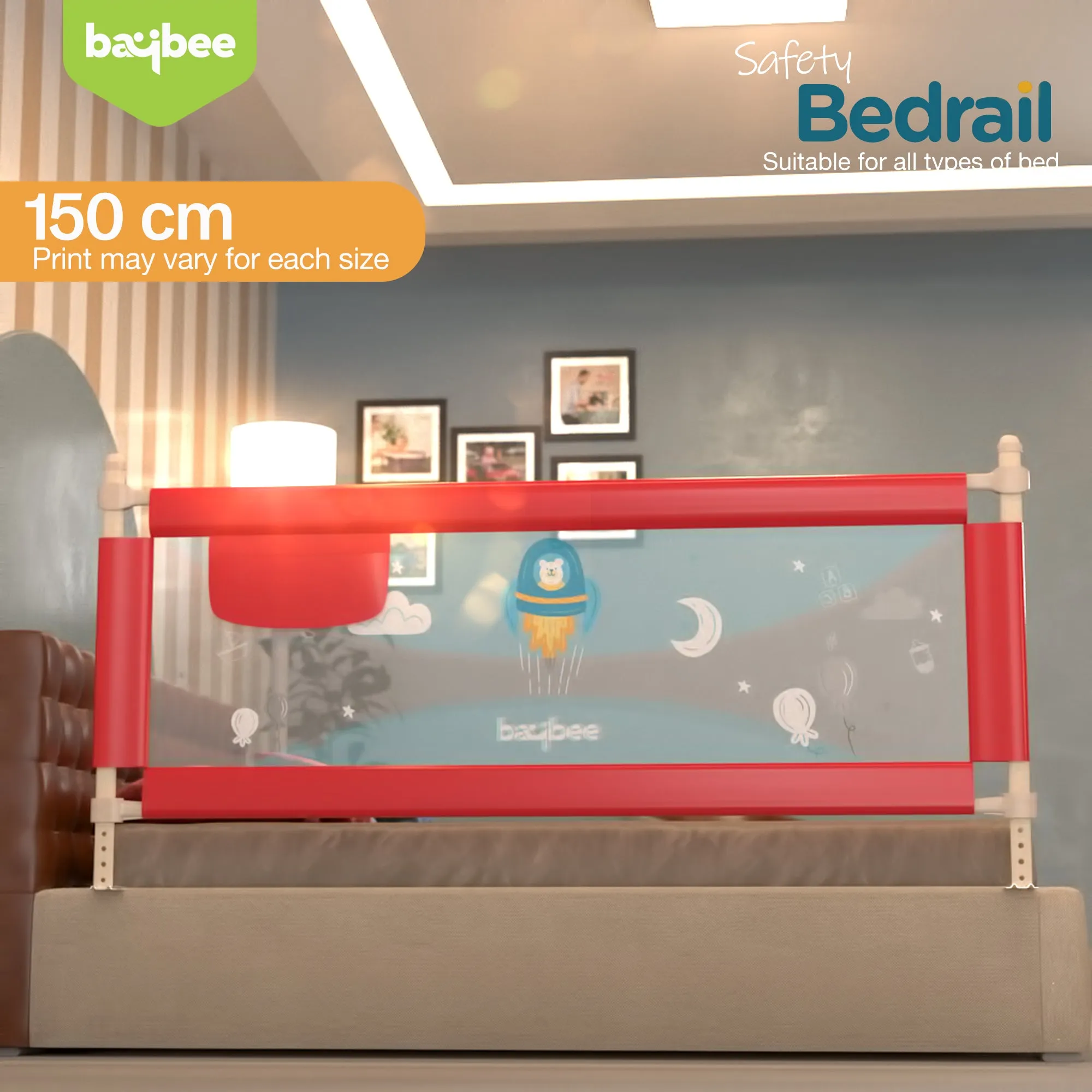 BAYBEE Bed Rail Guard Barrier for Baby Portable Safety Foldable Height Adjustable Falling Protector Fence (Print may varry) - 150 x 63 cm
