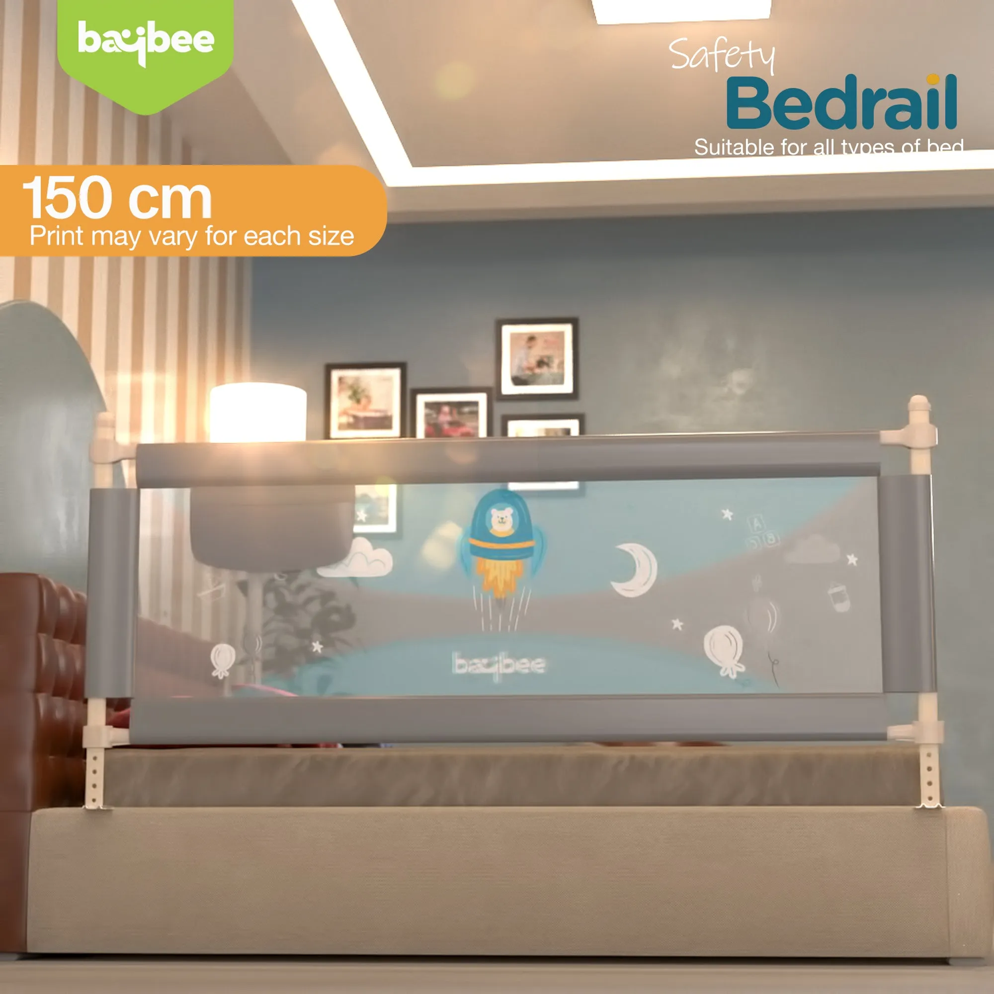 BAYBEE Bed Rail Guard Barrier for Baby Portable Safety Foldable Height Adjustable Falling Protector Fence (Print may varry) - 150 x 63 cm