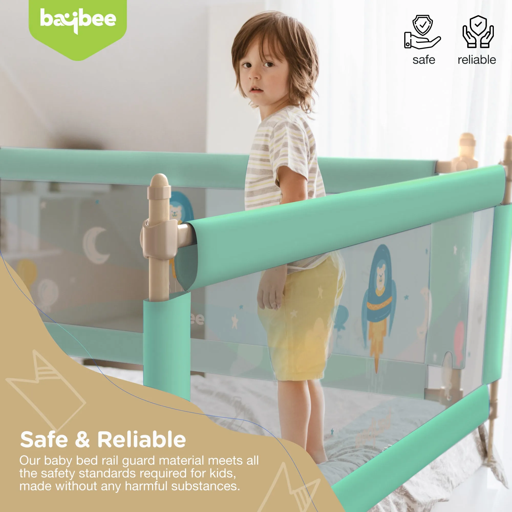 BAYBEE Bed Rail Guard Barrier for Baby Portable Safety Foldable Height Adjustable Falling Protector Fence (Print may varry) - 150 x 63 cm