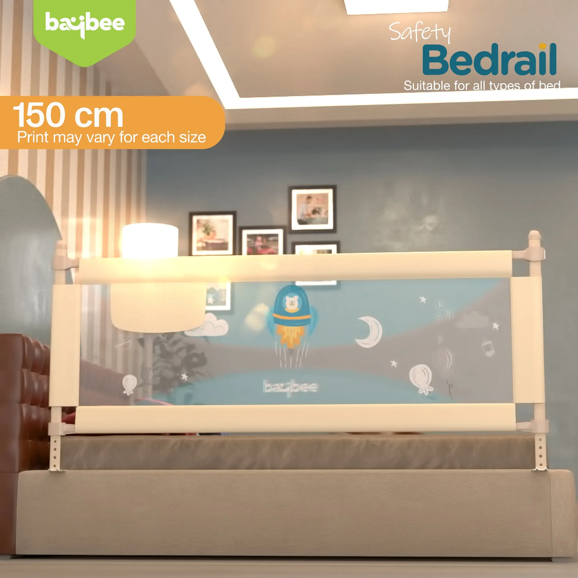 BAYBEE Bed Rail Guard Barrier for Baby Portable Safety Foldable Height Adjustable Falling Protector Fence (Print may varry) - 150 x 63 cm