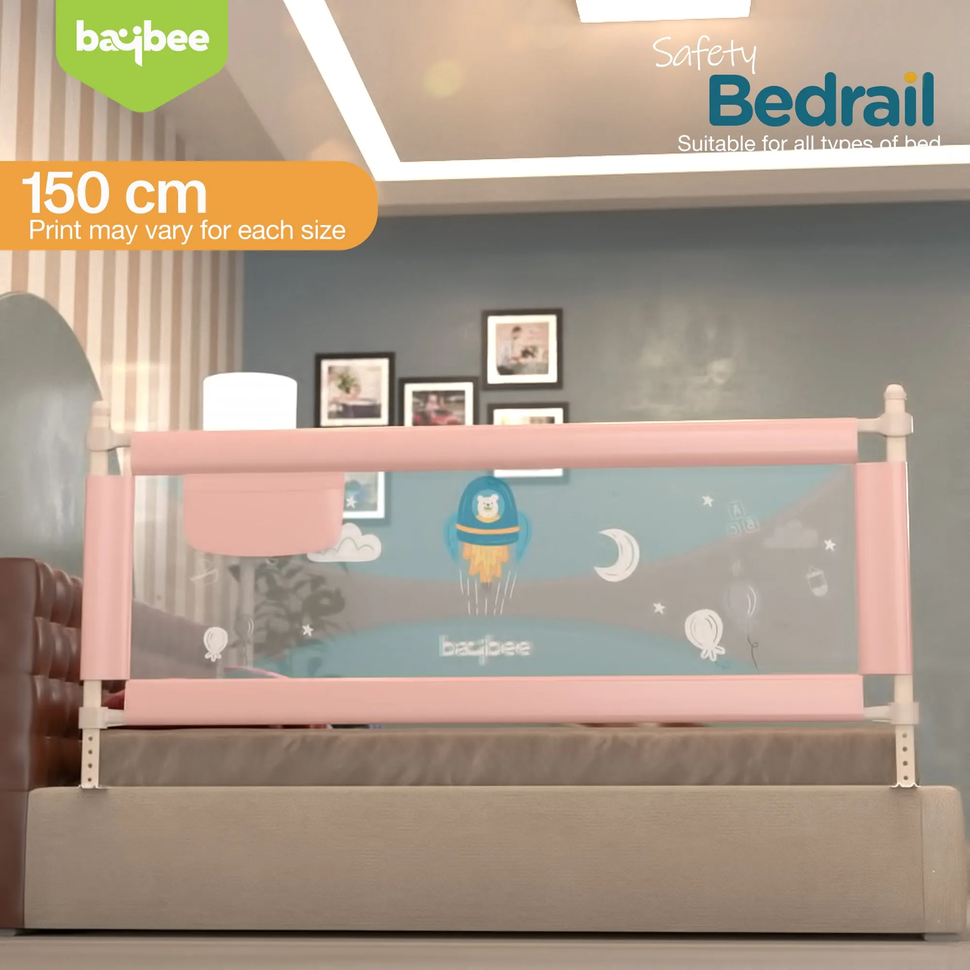 BAYBEE Bed Rail Guard Barrier for Baby Portable Safety Foldable Height Adjustable Falling Protector Fence (Print may varry) - 150 x 63 cm