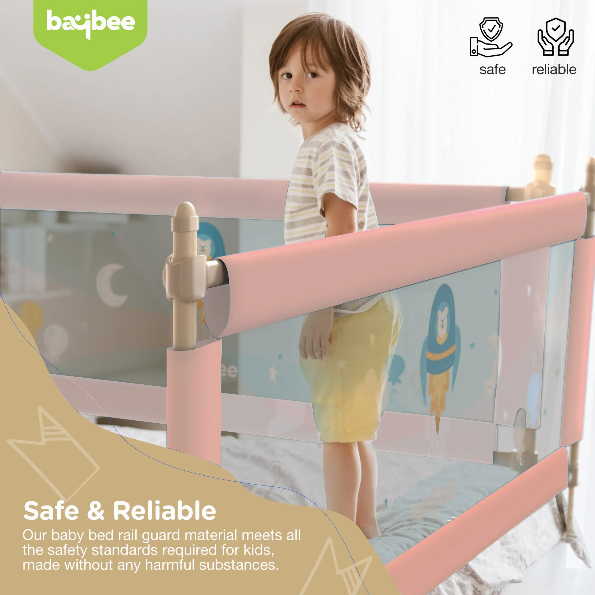 BAYBEE Bed Rail Guard Barrier for Baby Portable Safety Foldable Height Adjustable Falling Protector Fence (Print may varry) - 150 x 63 cm