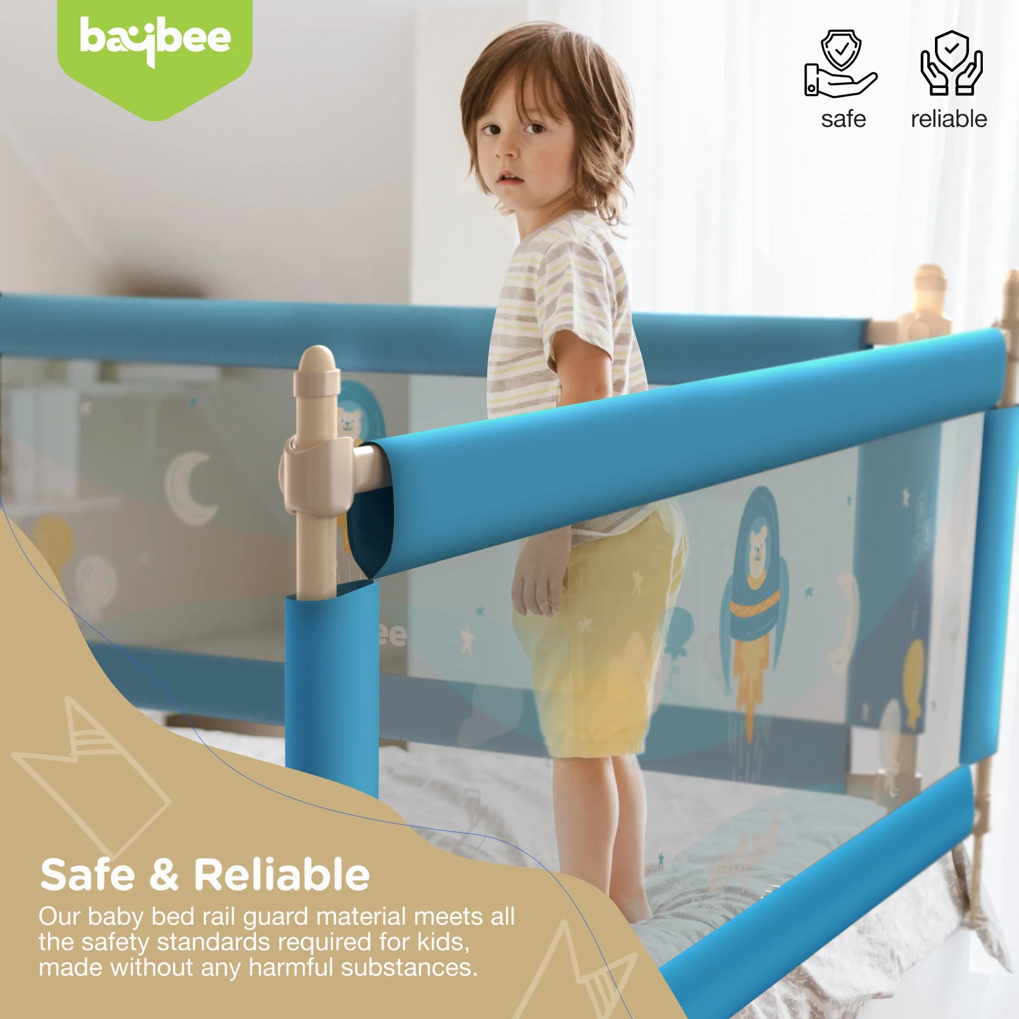 BAYBEE Bed Rail Guard Barrier for Baby Portable Safety Foldable Height Adjustable Falling Protector Fence (Print may varry) - 150 x 63 cm