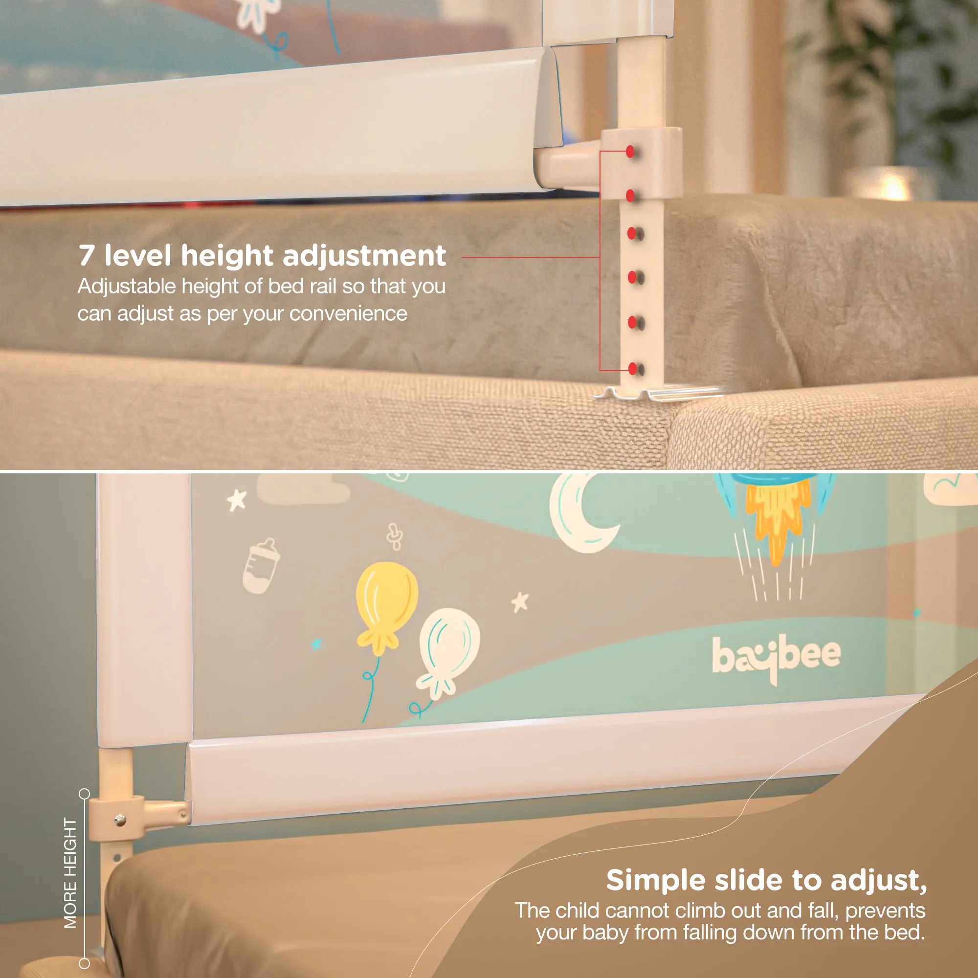 BAYBEE Bed Rail Guard Barrier for Baby Portable Safety Foldable Height Adjustable Falling Protector Fence (Print may varry) - 150 x 63 cm